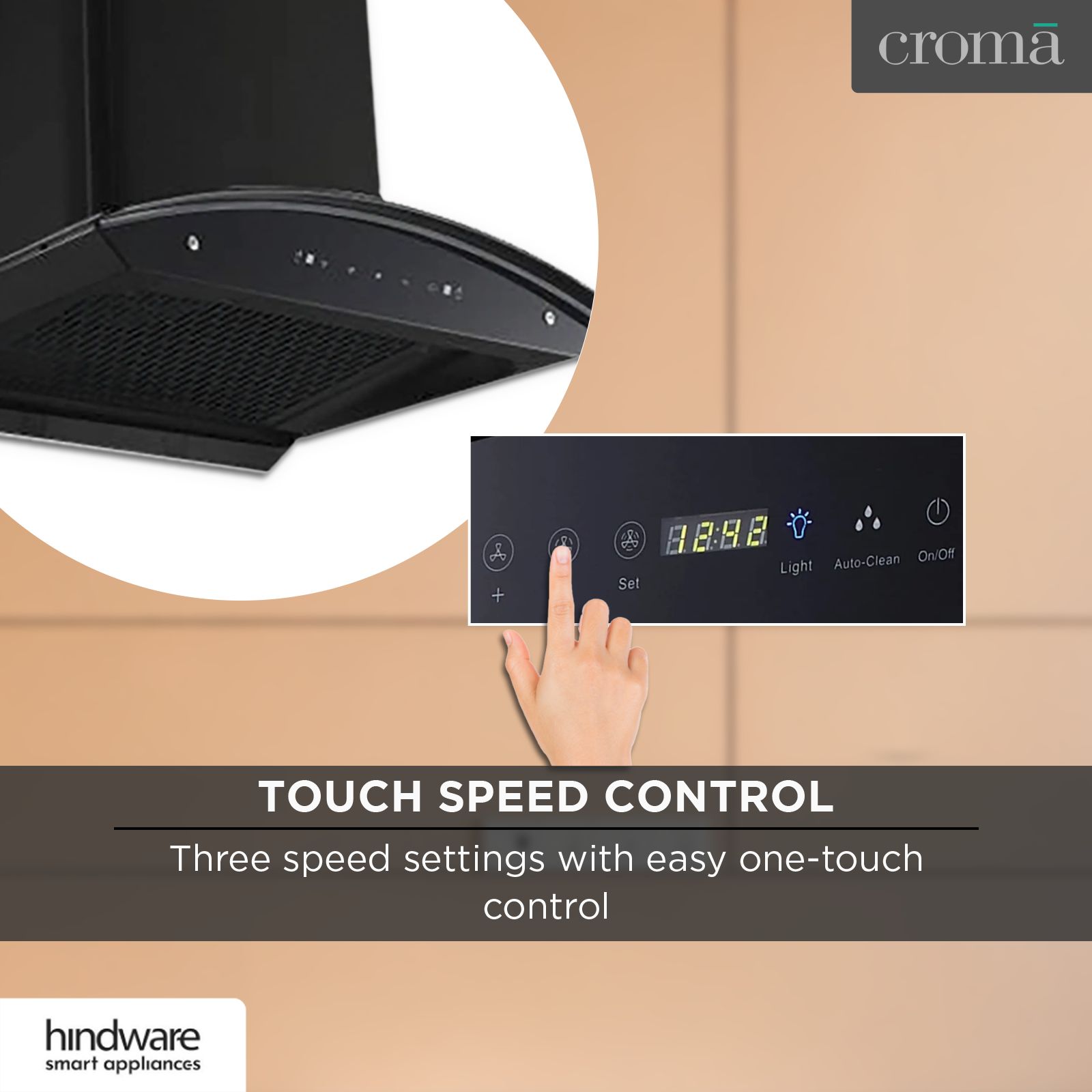 Hindware Chromia 60cm 1200m3/hr Ducted Auto Clean Wall Mounted Chimney with Touch Control (Black)_11