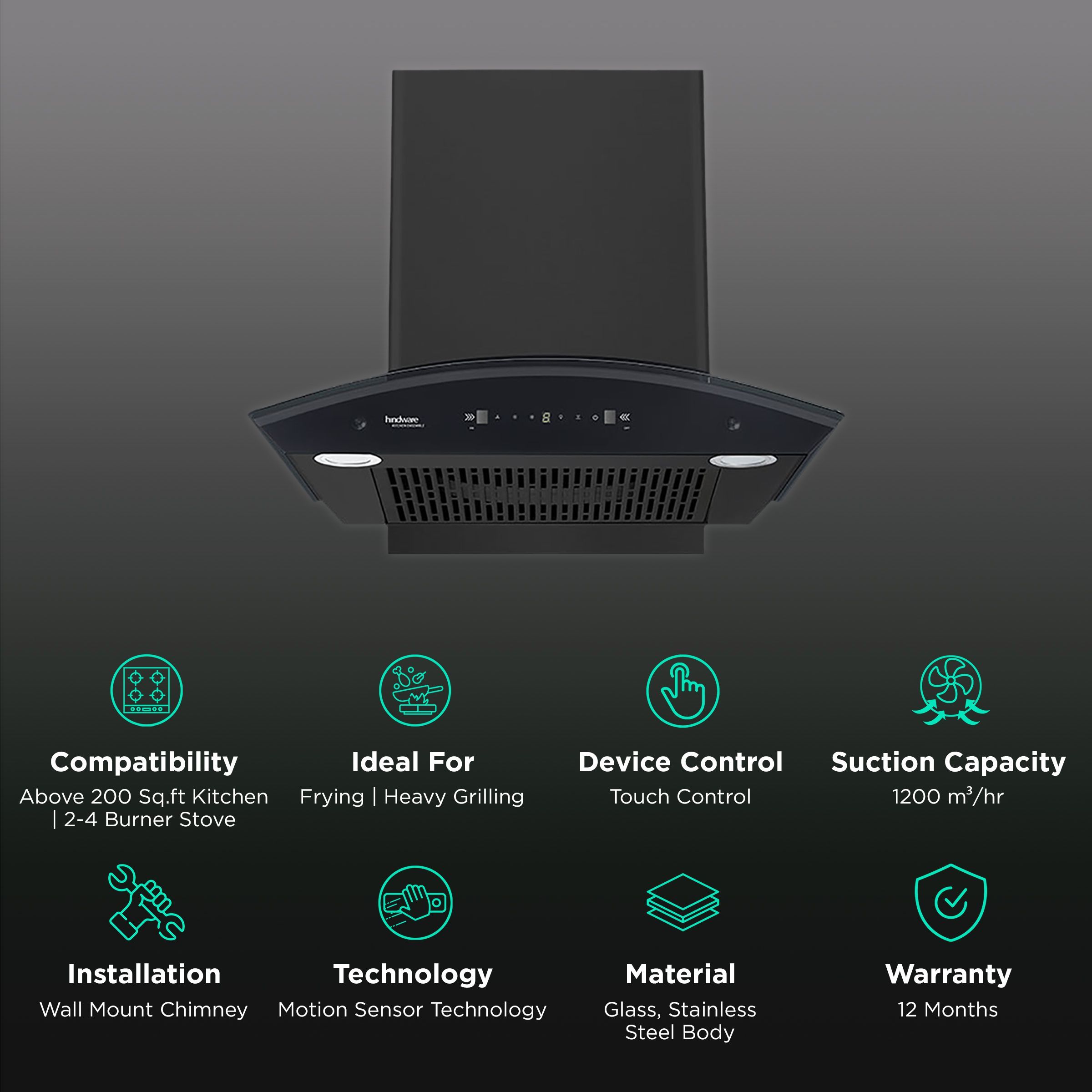 Hindware Chromia 60cm 1200m3/hr Ducted Auto Clean Wall Mounted Chimney with Touch Control (Black)_3