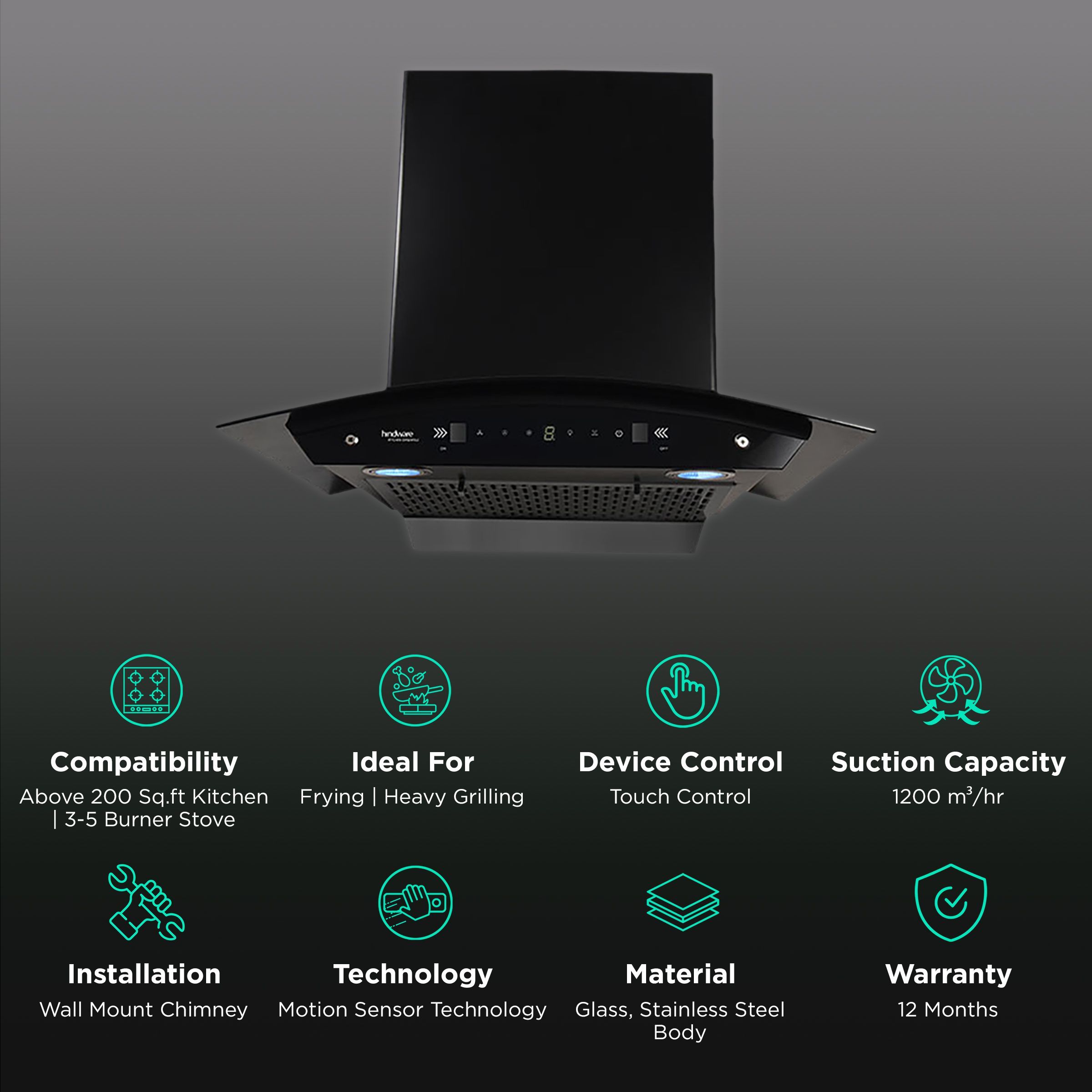 hindware Chromia 90cm 1200m3/hr Ducted Auto Clean Wall Mounted Chimney with Touch Control (Black)_3