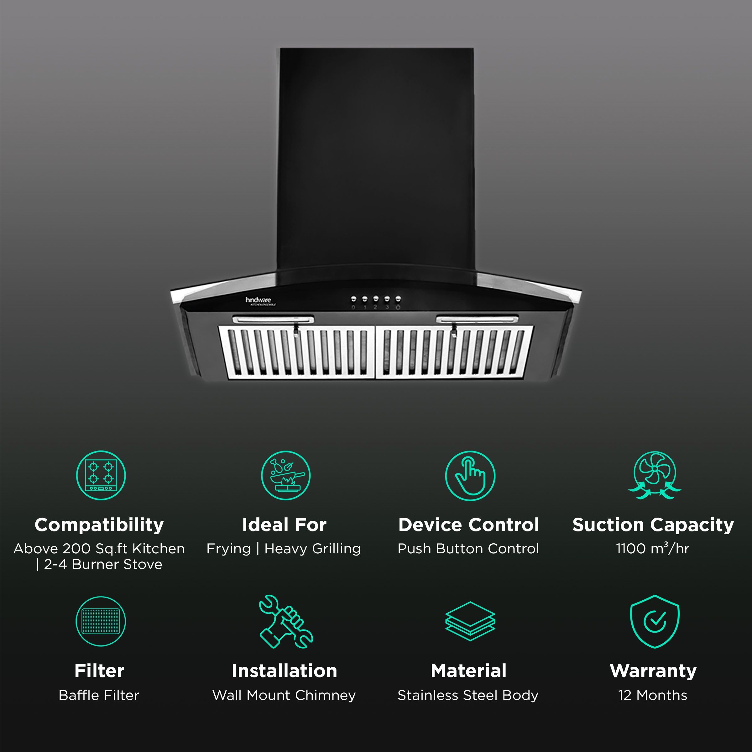 Hindware Fabio 60cm 1100m3/hr Ducted Wall Mounted Chimney with Push Button Control (Black)_3