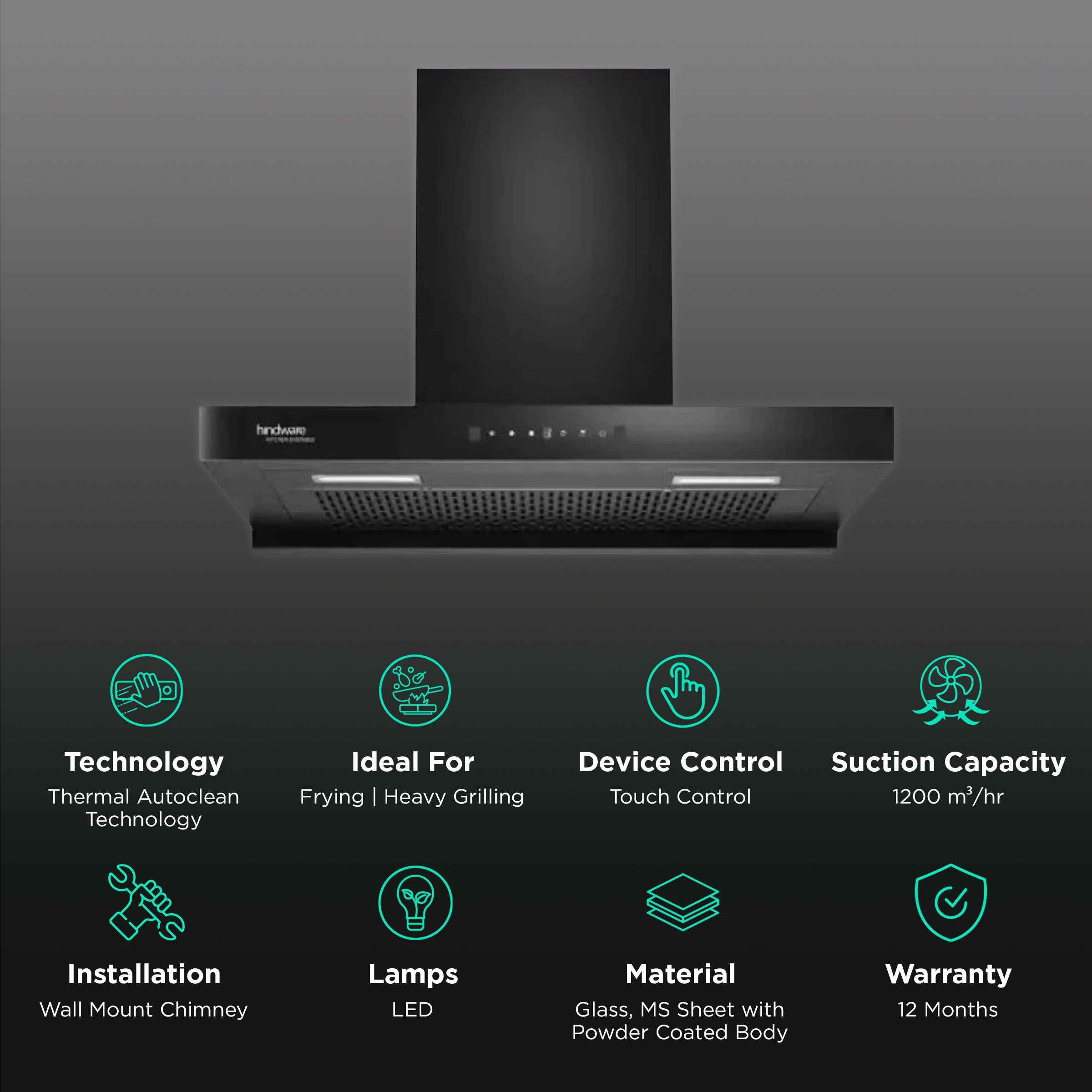 hindware Darcia 75cm 1200m3/hr Ducted Auto Clean Wall Mounted Chimney with Motion Sensor (Black)_3