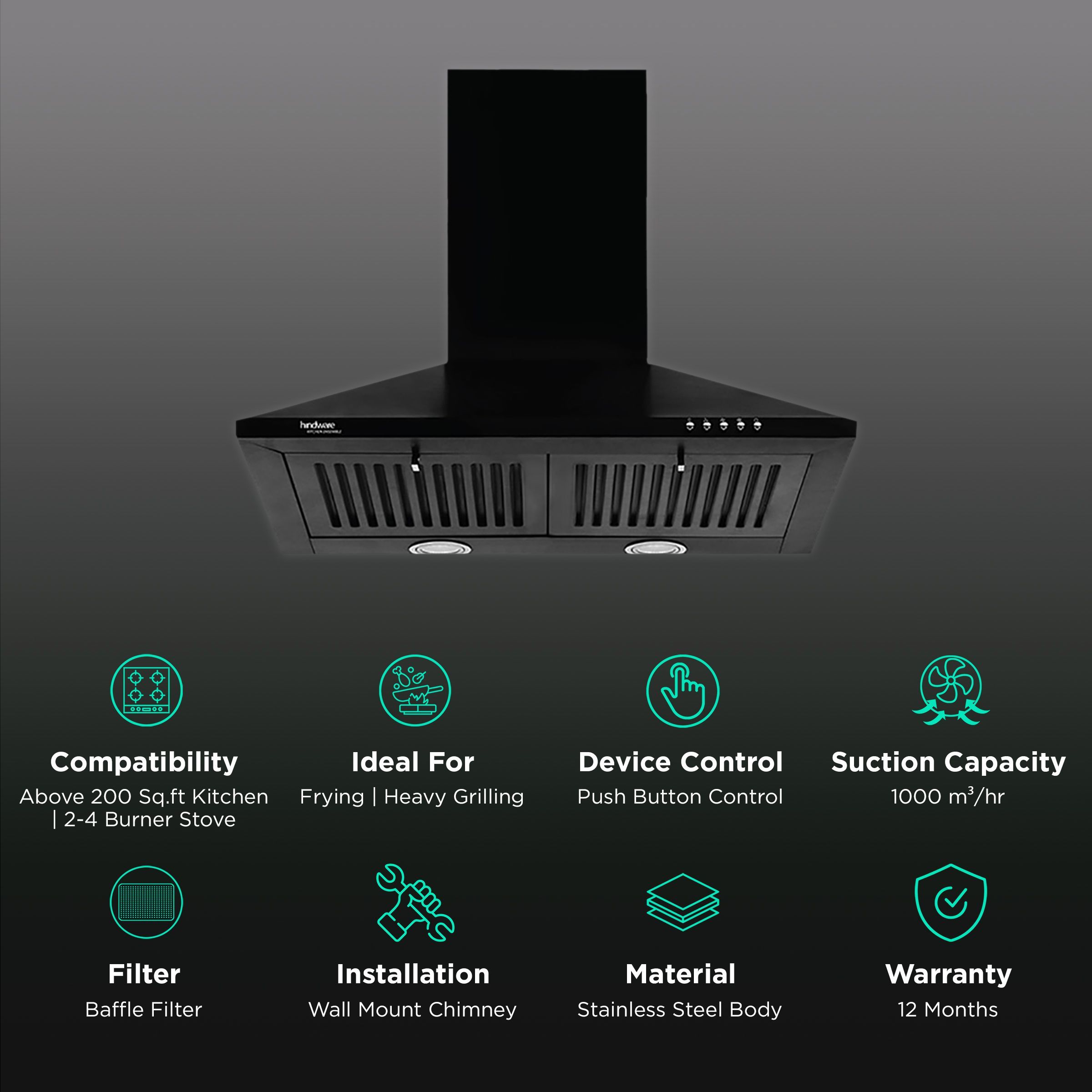hindware Myra 60cm 1000m3/hr Ducted Auto Clean Wall Mounted Chimney with Push Button Control (Black)_3
