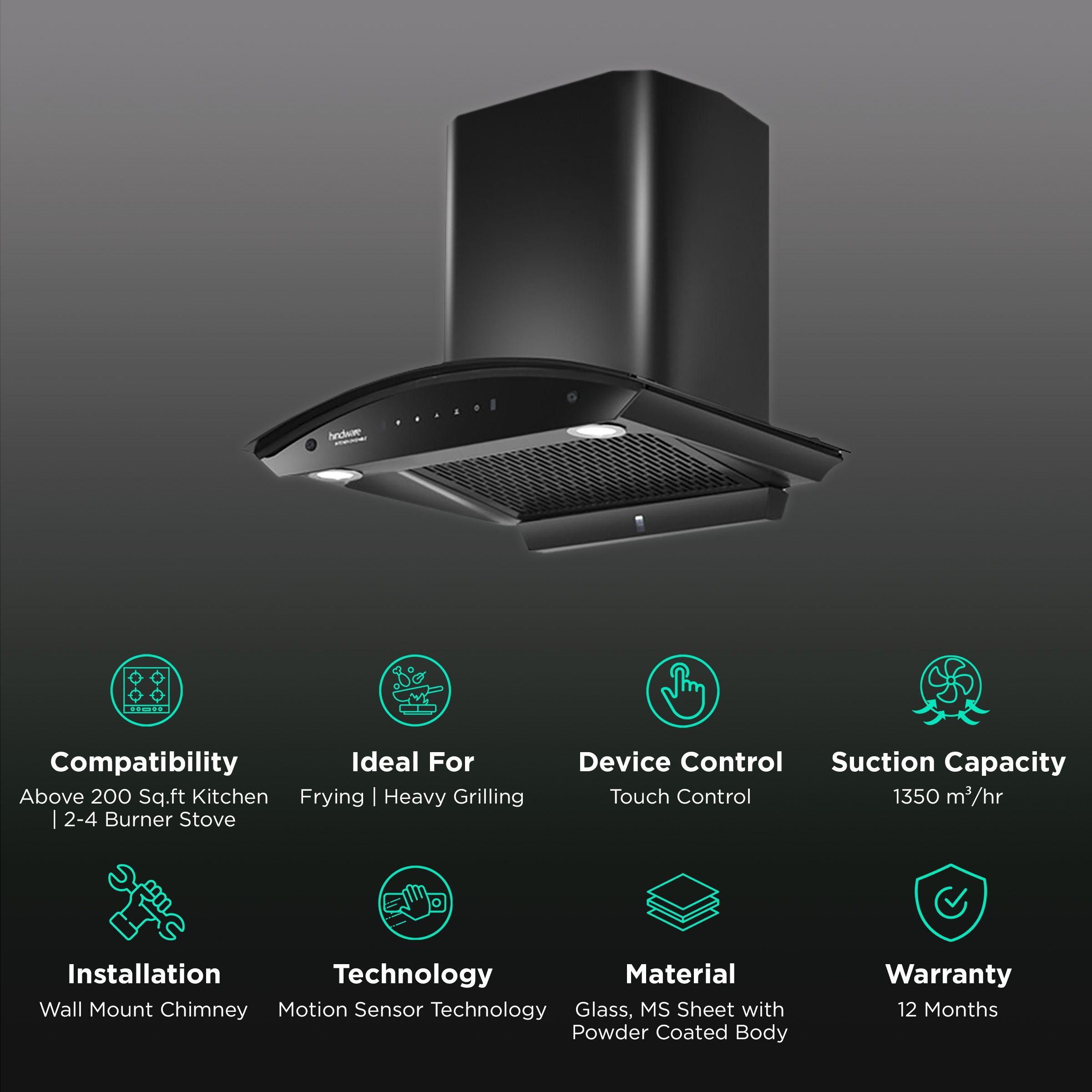 Hindware Celesia 60cm 1500m3/hr Ducted Auto Clean Wall Mounted Chimney with Touch Control (Black)_3