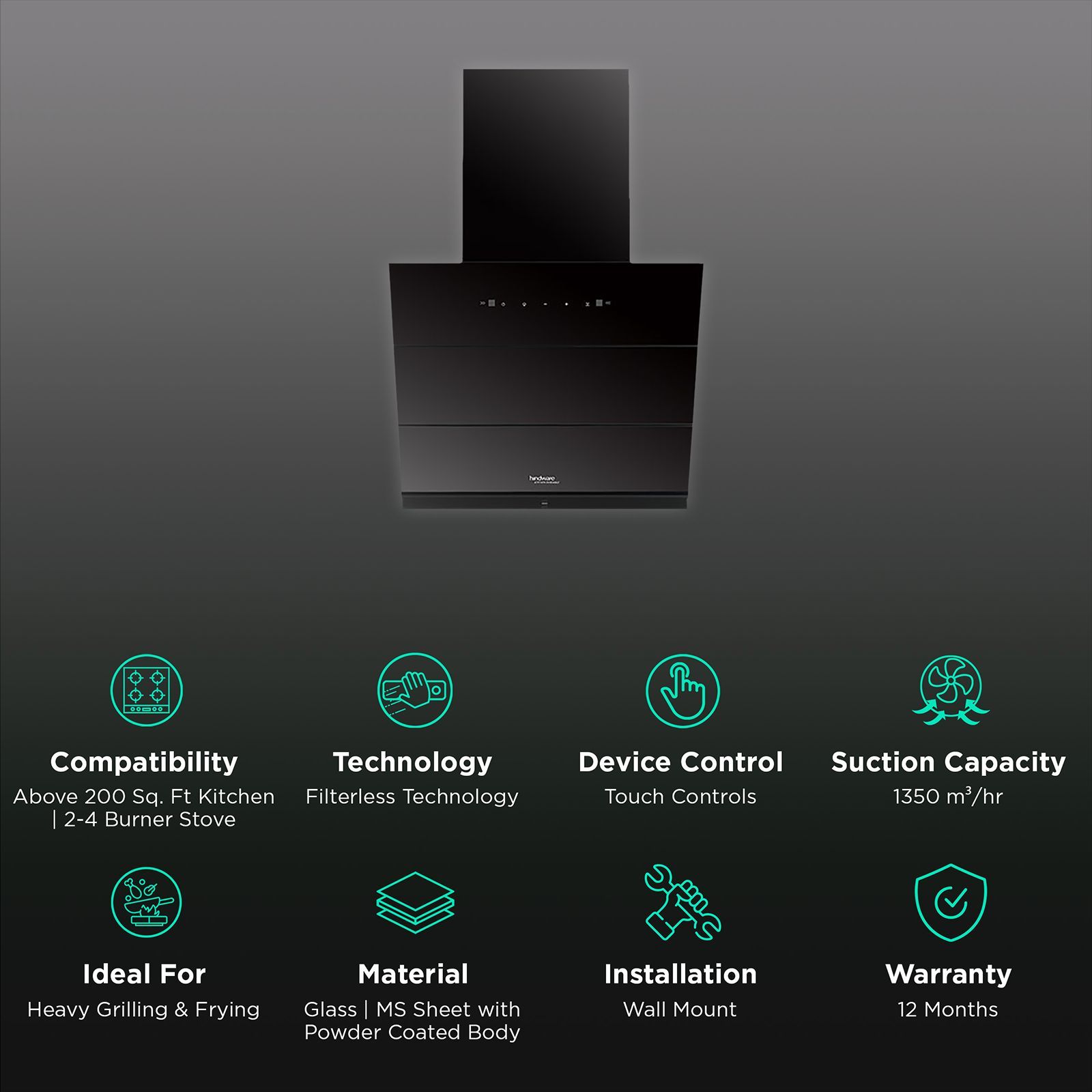 Hindware Lexia 60cm 1350m3/hr Ducted Auto Clean Wall Mounted Chimney with Touch Control (Black)_3