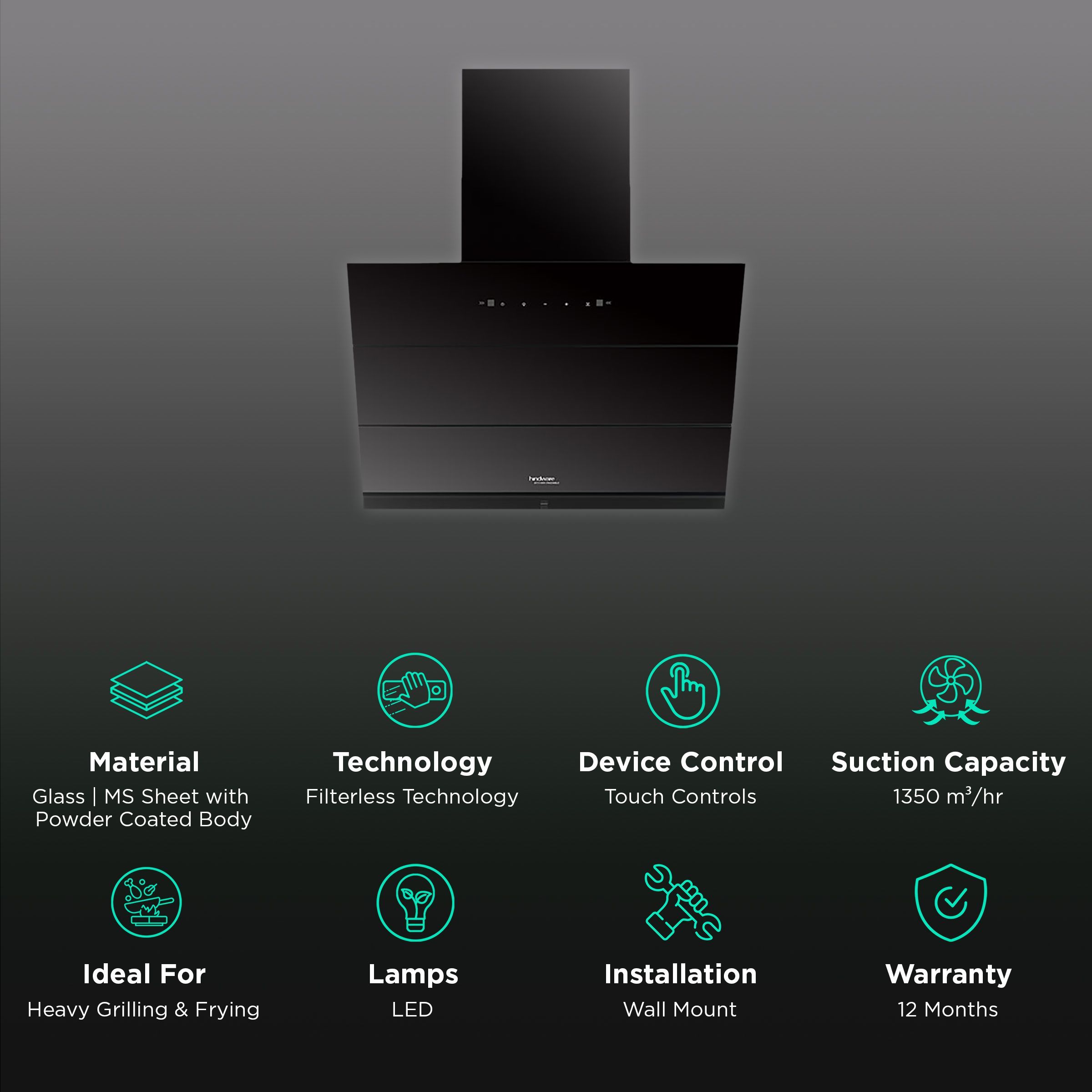 hindware Lexia 75cm 1350m3/hr Ducted Auto Clean Wall Mounted Chimney with Touch Control (Black)_3