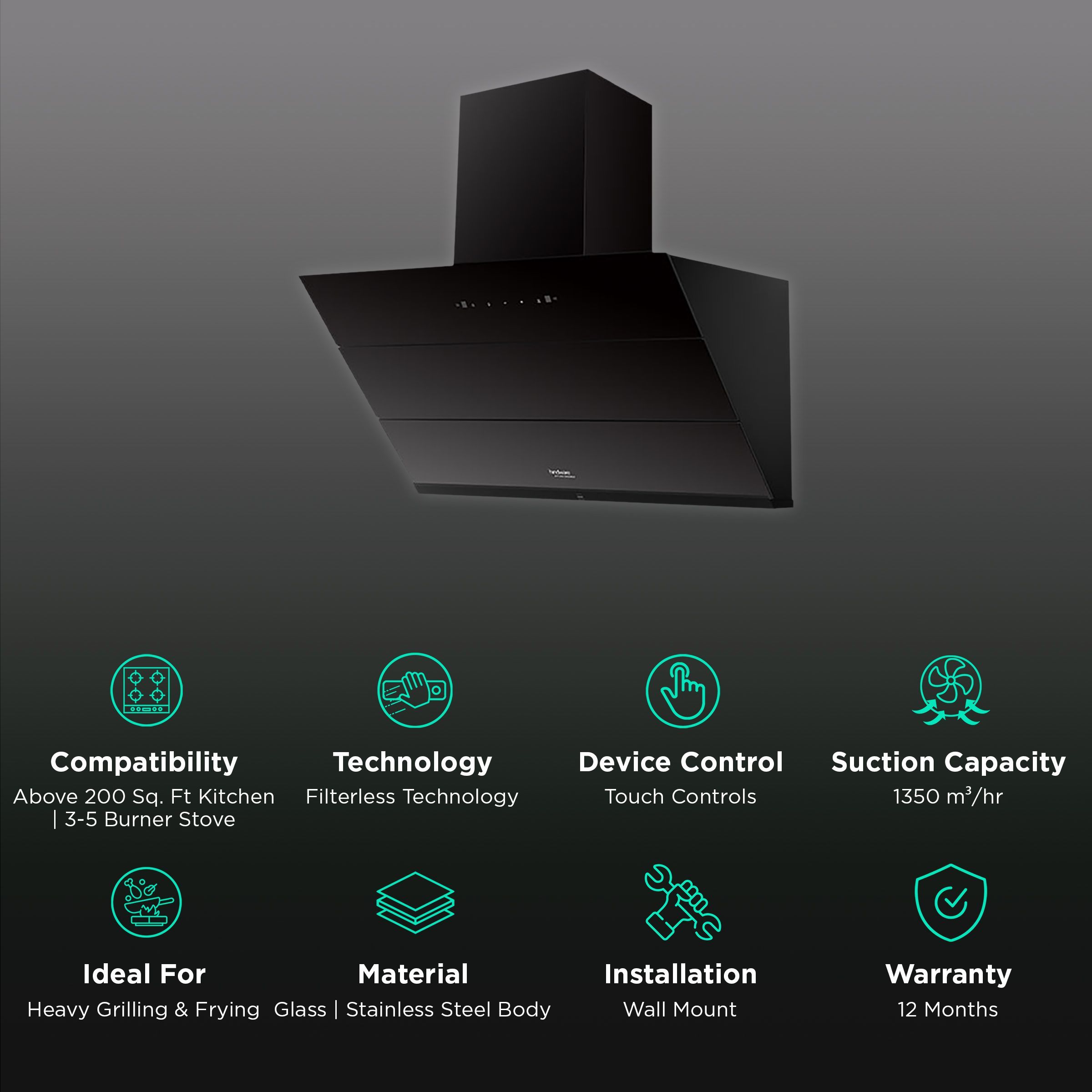 hindware Lexia 90cm 1350m3/hr Ducted Auto Clean Wall Mounted Chimney with Touch Control (Black)_3