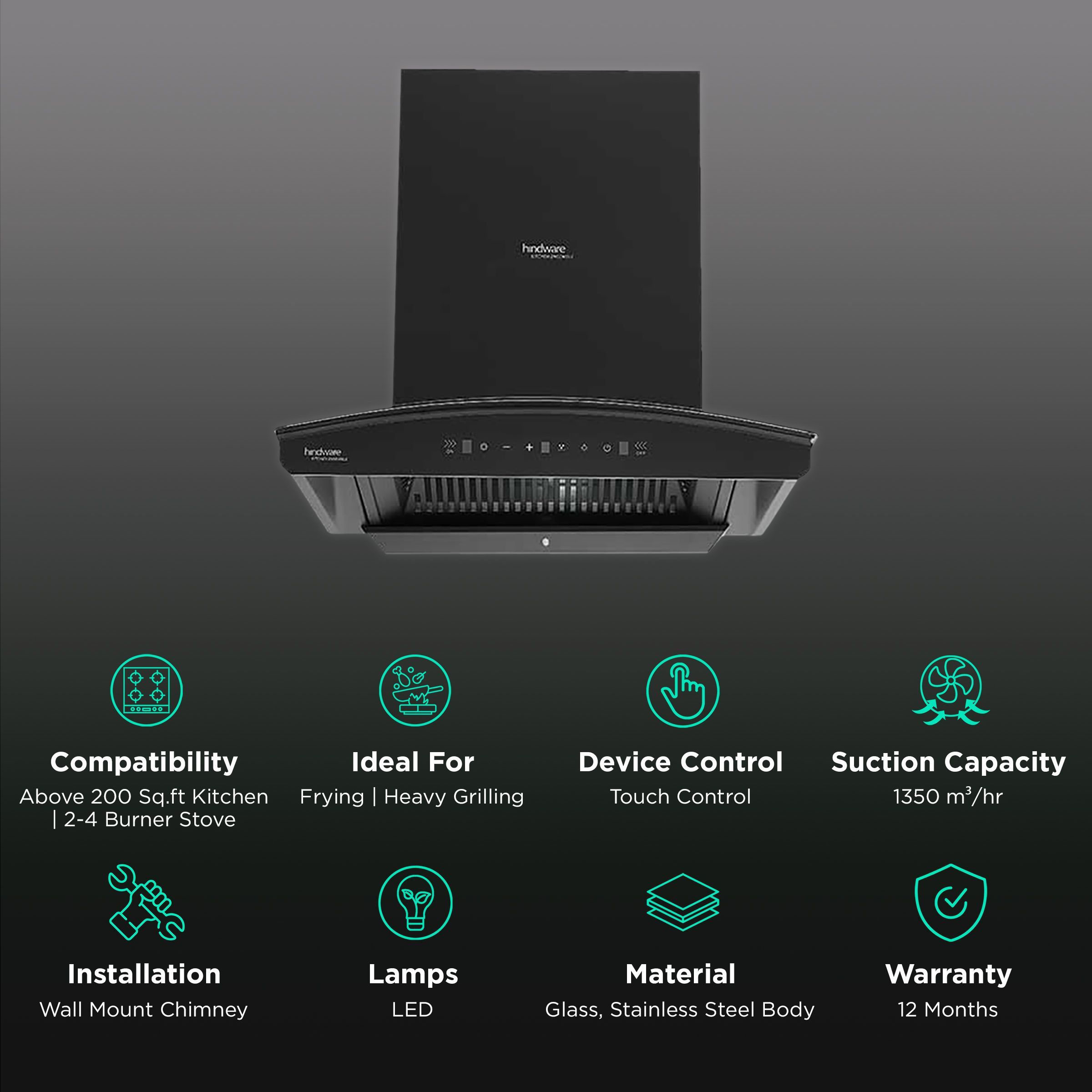 hindware Zinnia 60cm 1350m3/hr Ducted Auto Clean Wall Mounted Chimney with Motion Sensor (Black)_3