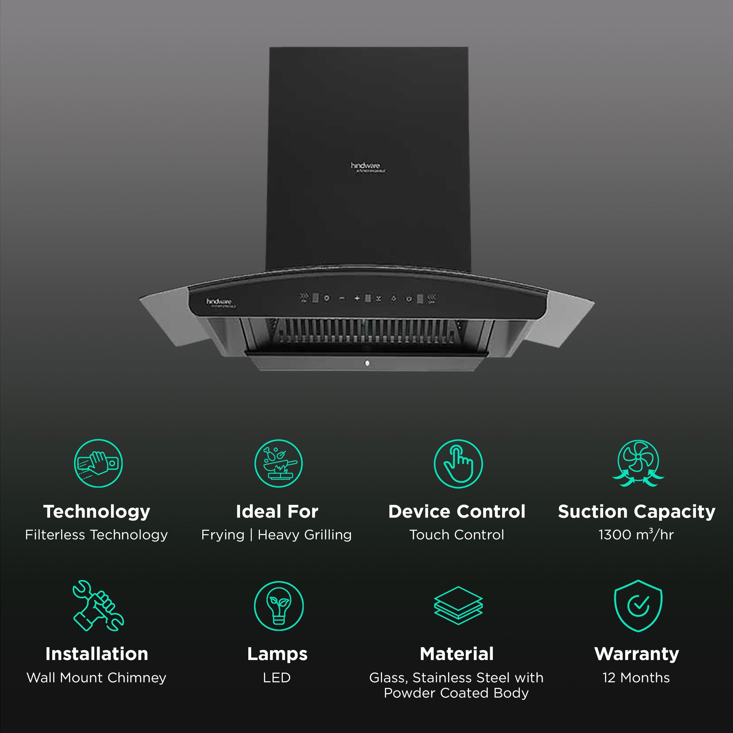 hindware Zinnia 75cm 1300m3/hr Ducted Auto Clean Wall Mounted Chimney with Motion Sensor (Black) hindware Zinnia 75cm 1300m3/hr Ducted Auto Clean Wall Mounted Chimney with Motion Sensor (Black)_3