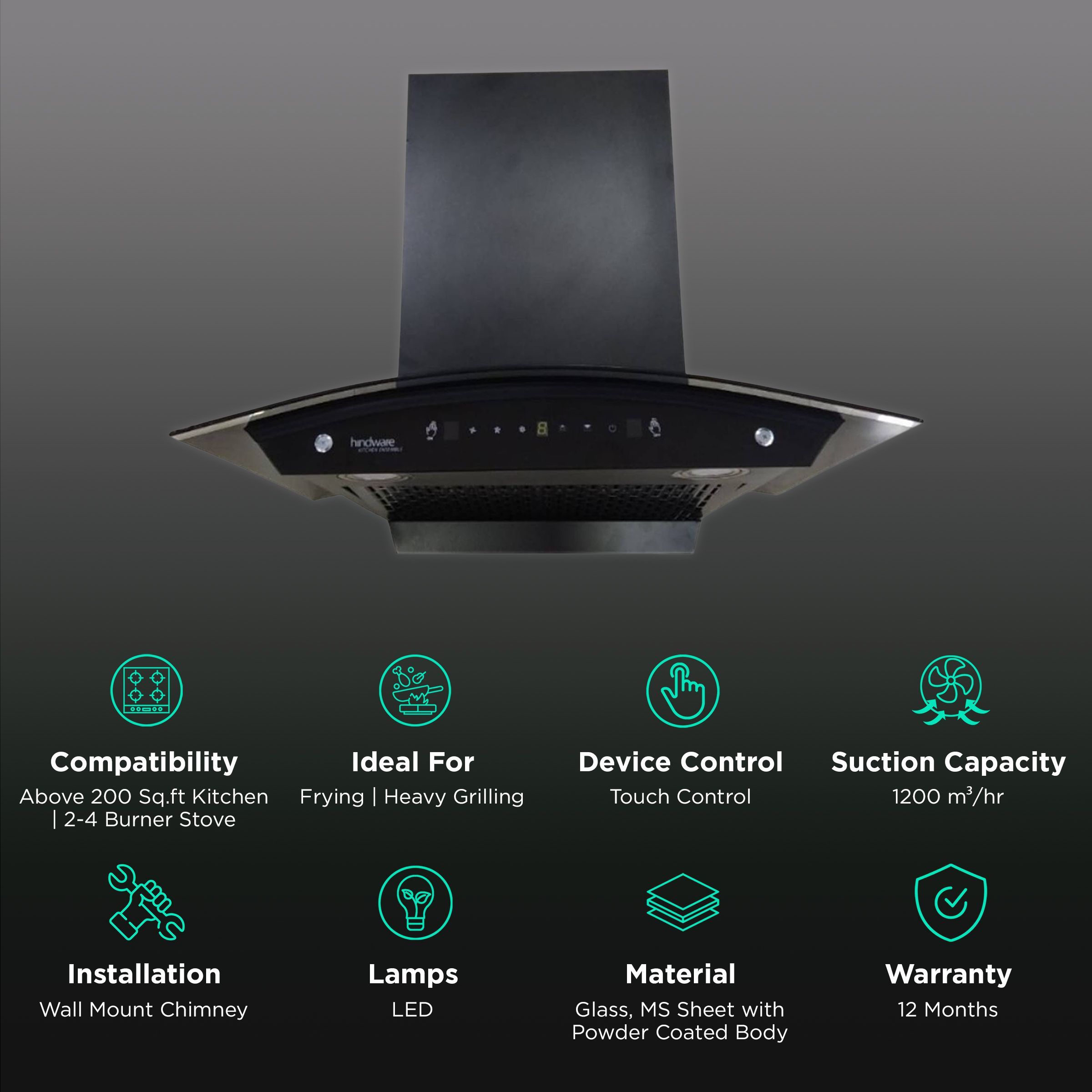 hindware Divina 60cm 1200m3/hr Ducted Auto Clean Wall Mounted Chimney with Motion Sensor (Black) hindware Divina 60cm 1200m3/hr Ducted Auto Clean Wall Mounted Chimney with Motion Sensor (Black)_3