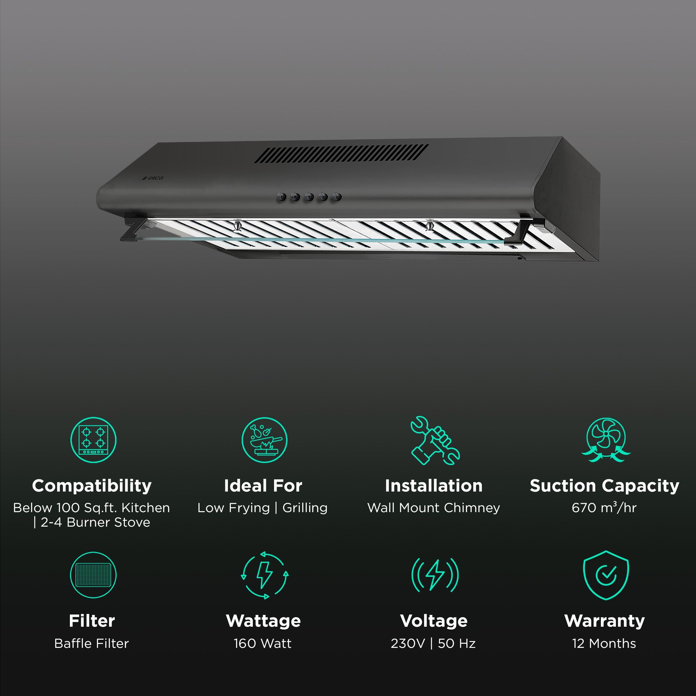 elica CBF 602 60cm 670m3/hr Ducted Auto Clean Wall Mounted Chimney with 3 Speed Control (Matt Black)_3