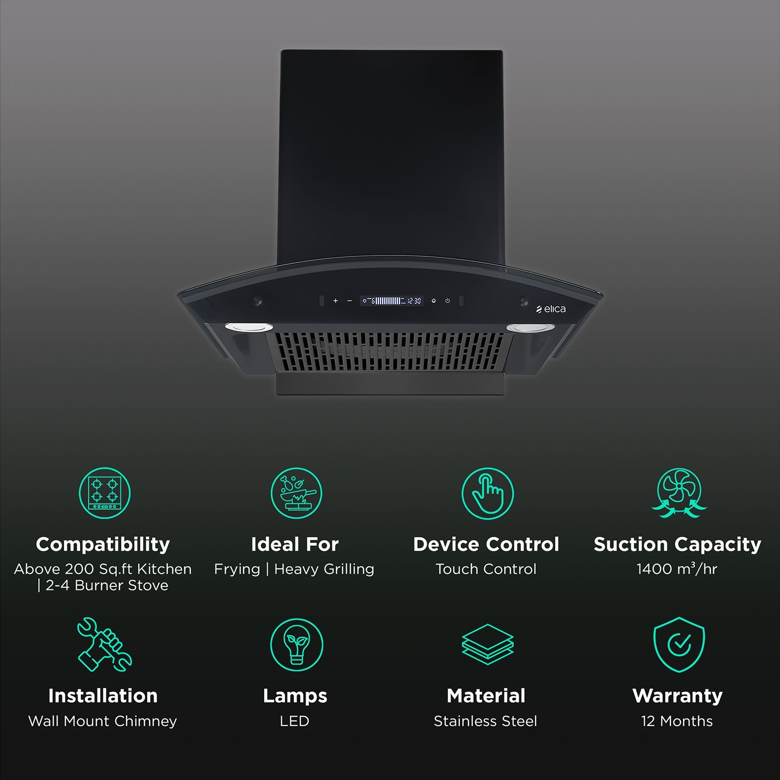 elica BLDC FLCG 600 HAC LTW MS NERO 60cm 1400m3/hr Ducted Auto Clean Wall Mounted Chimney with Touch Control Panel (Black)_3