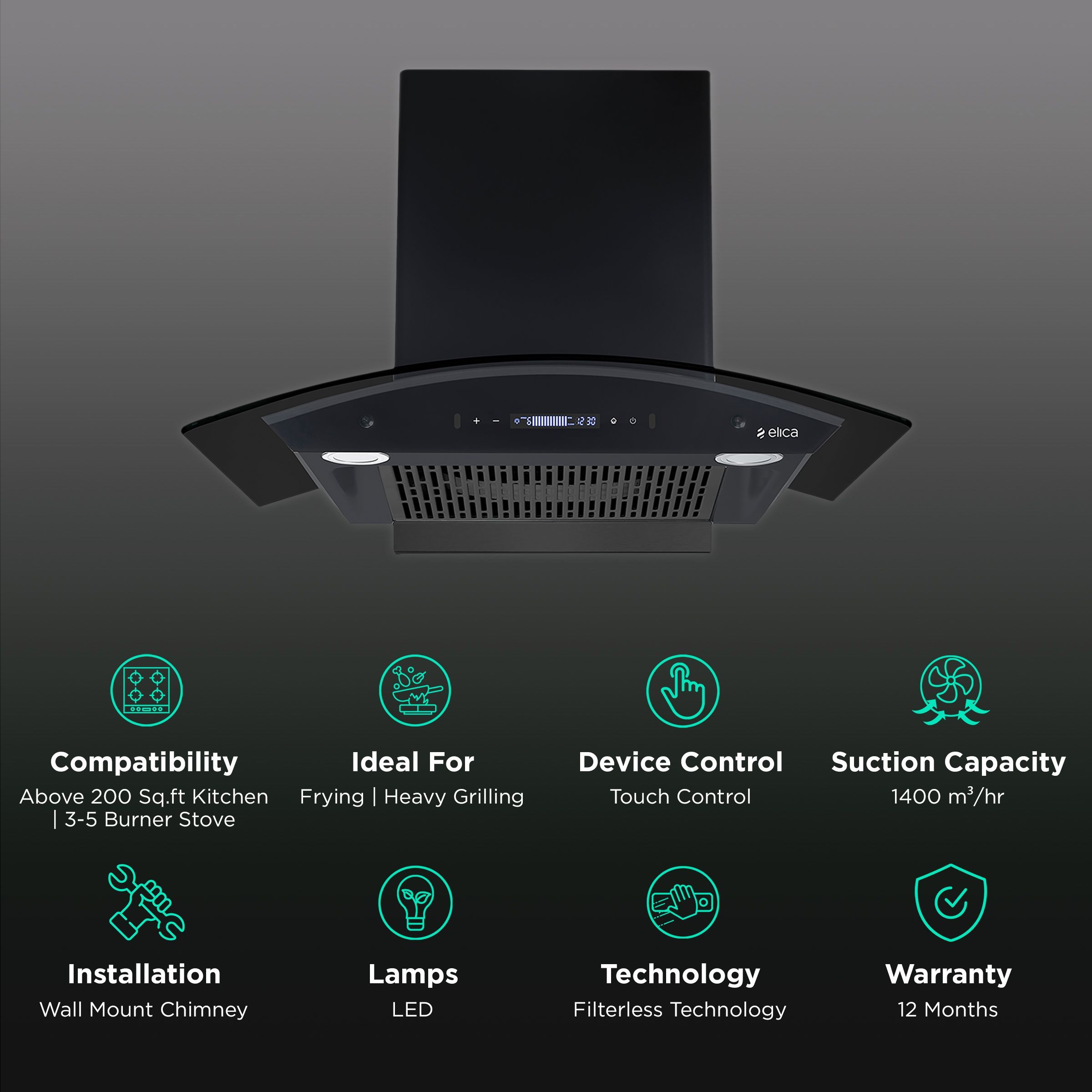 elica BLDC FLCG 750 HAC LTW MS NERO 75cm 1400m3/hr Ducted Wall Mounted Chimney with Touch Control Panel (Black)_3