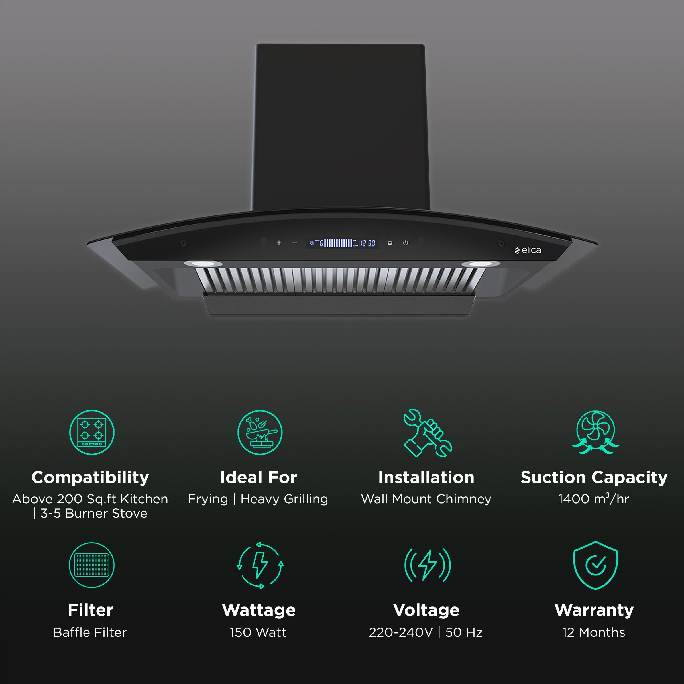 elica BLDC BFCG 903 HAC LTW MS NERO 90cm 1400m3/hr Ducted Wall Mounted Chimney with Durable Design (Black)_3