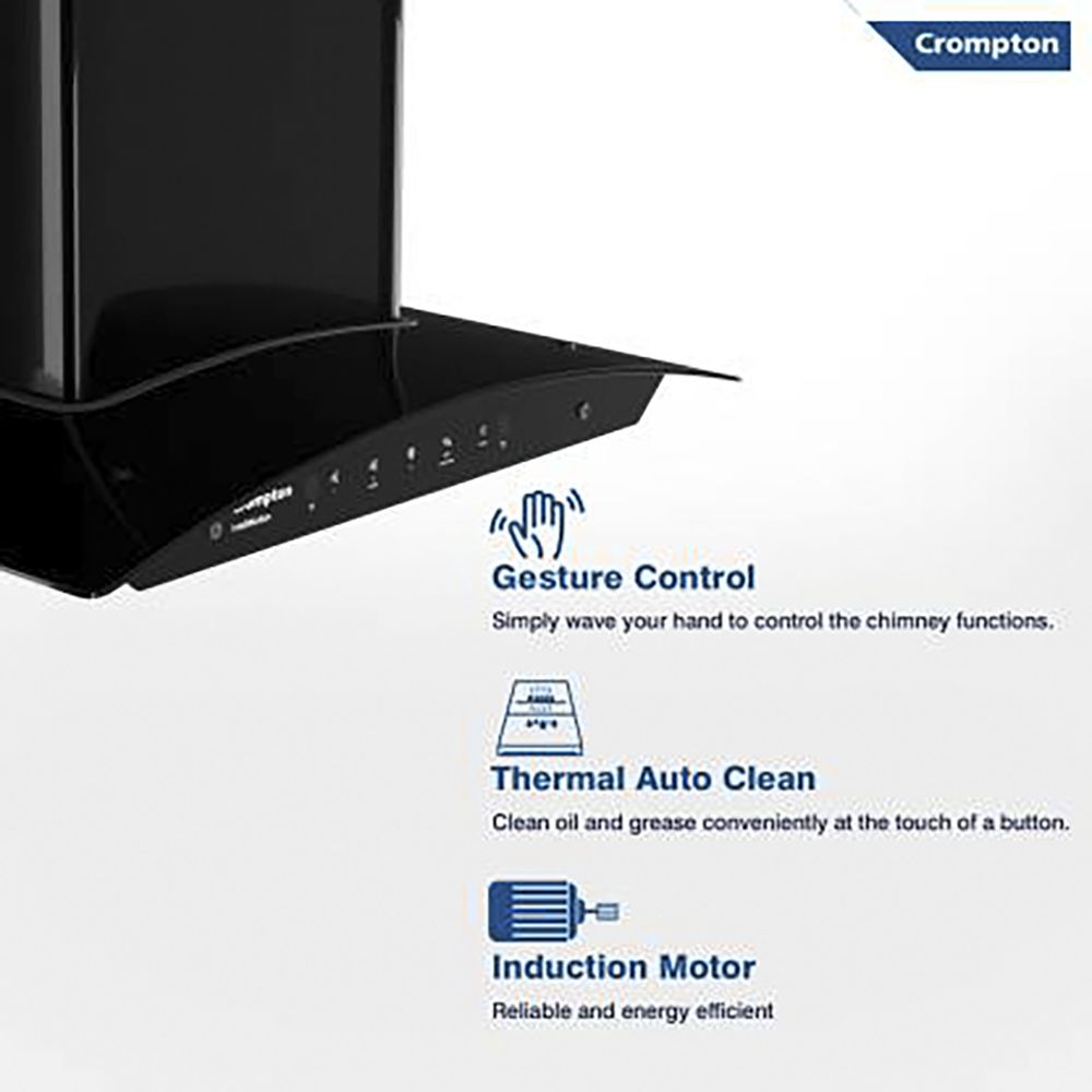 Crompton IntelliMotion 60cm 990m3/hr Ducted Auto Clean Wall Mounted Chimney with Gesture Control (Midnight Black)_9