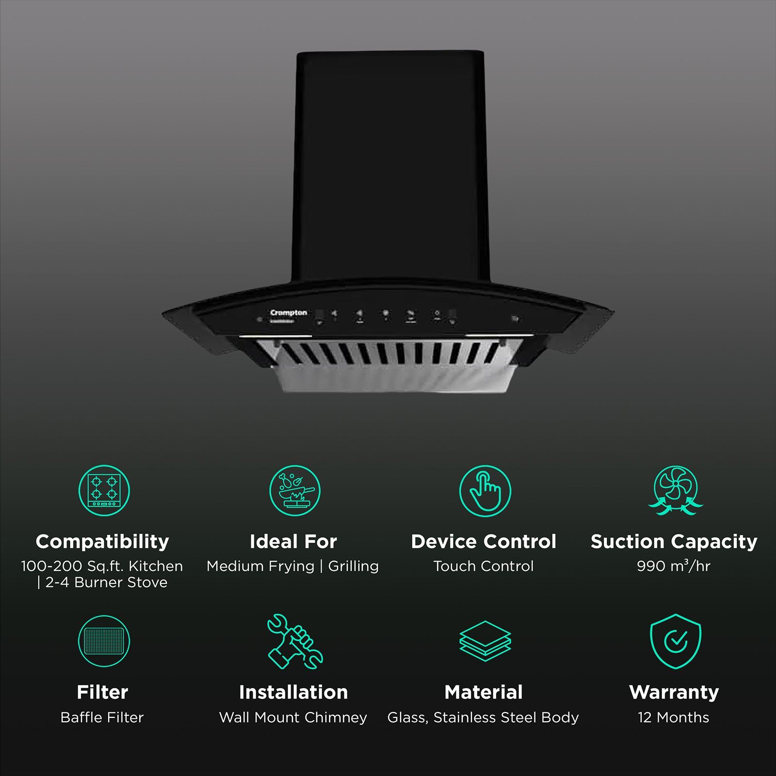Crompton IntelliMotion 60cm 990m3/hr Ducted Auto Clean Wall Mounted Chimney with Gesture Control (Midnight Black)_3