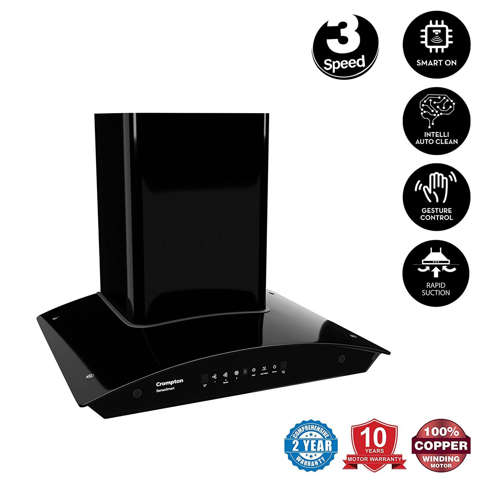 Crompton SensoSmart 60cm 1210m3/hr Ducted Auto Clean Wall Mounted Chimney with Touch Control Panel (Midnight Black)_7