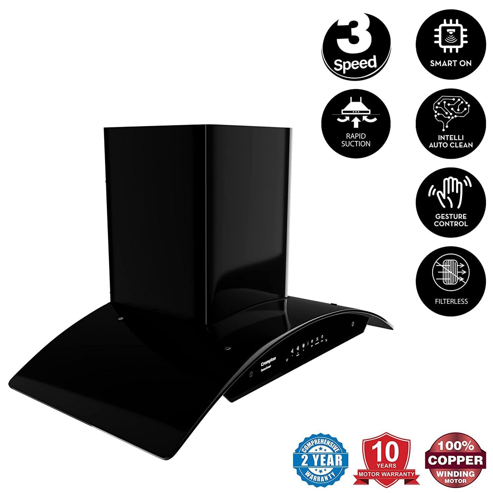 Crompton SensoSmart 90cm 1360m3/hr Ducted Auto Clean Wall Mounted Chimney with Touch Control Panel (Midnight Black)_8