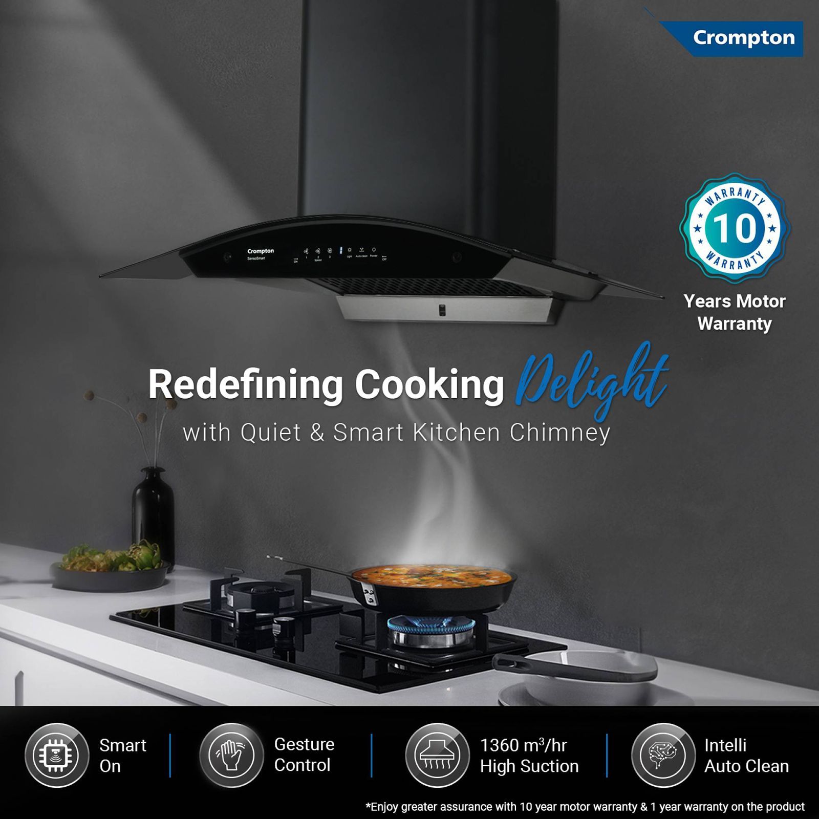Crompton SensoSmart 90cm 1360m3/hr Ducted Auto Clean Wall Mounted Chimney with Touch Control Panel (Midnight Black)_10