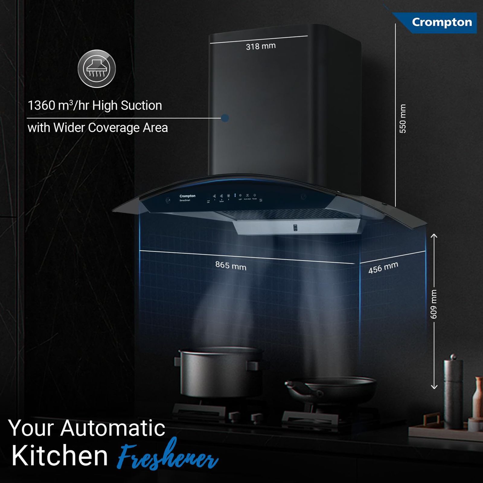 Crompton SensoSmart 90cm 1360m3/hr Ducted Auto Clean Wall Mounted Chimney with Touch Control Panel (Midnight Black)_11