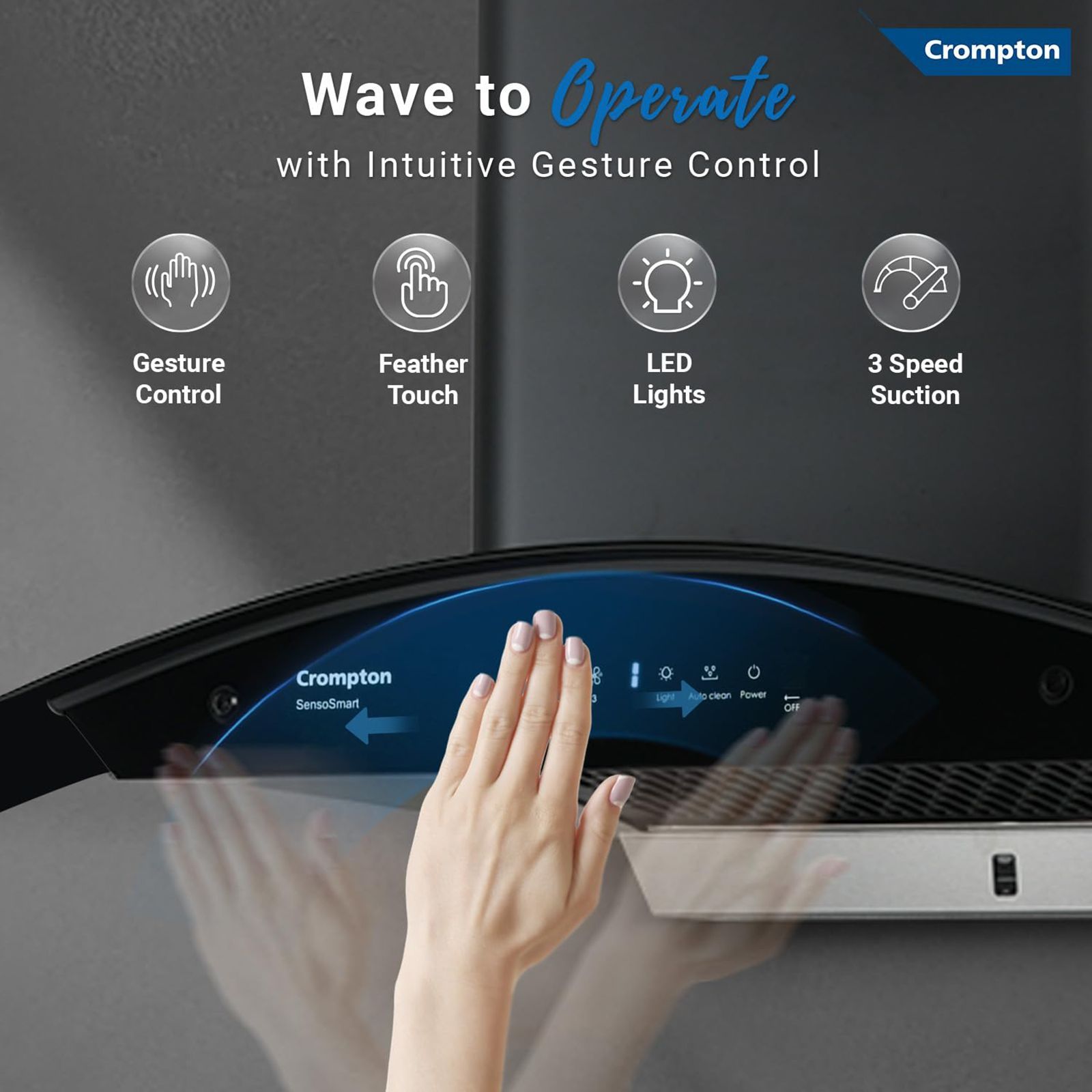 Crompton SensoSmart 90cm 1360m3/hr Ducted Auto Clean Wall Mounted Chimney with Touch Control Panel (Midnight Black)_12