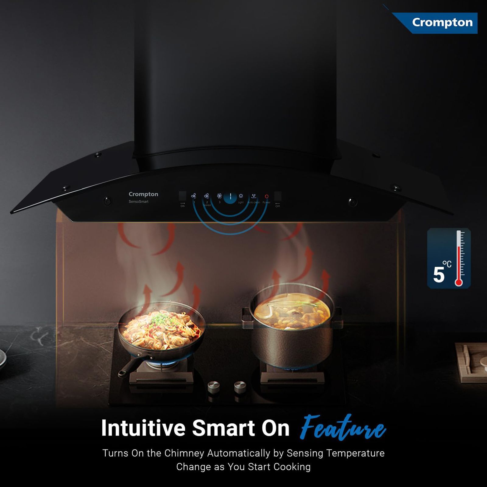 Crompton SensoSmart 90cm 1360m3/hr Ducted Auto Clean Wall Mounted Chimney with Touch Control Panel (Midnight Black)_13