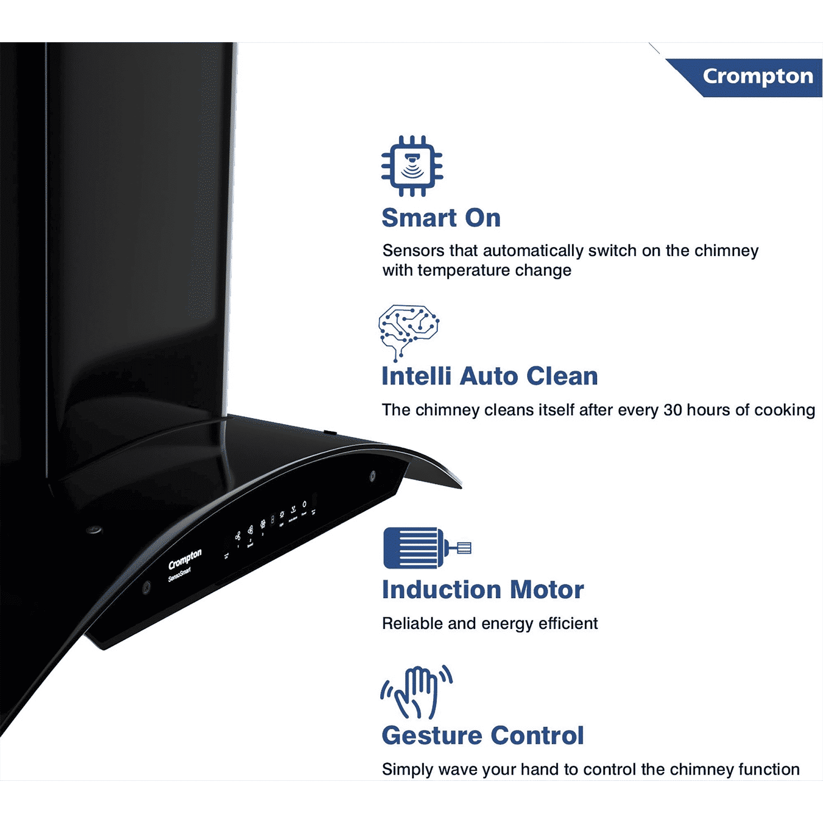Crompton SensoSmart 90cm 1360m3/hr Ducted Auto Clean Wall Mounted Chimney with Touch Control Panel (Midnight Black)_16