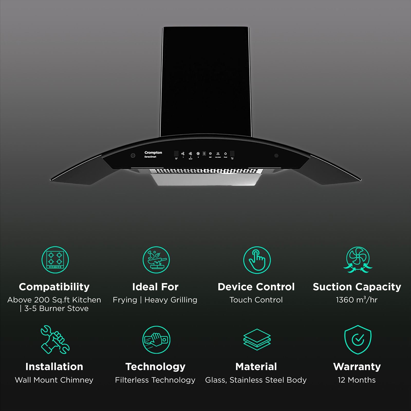 Crompton SensoSmart 90cm 1360m3/hr Ducted Auto Clean Wall Mounted Chimney with Touch Control Panel (Midnight Black)_3