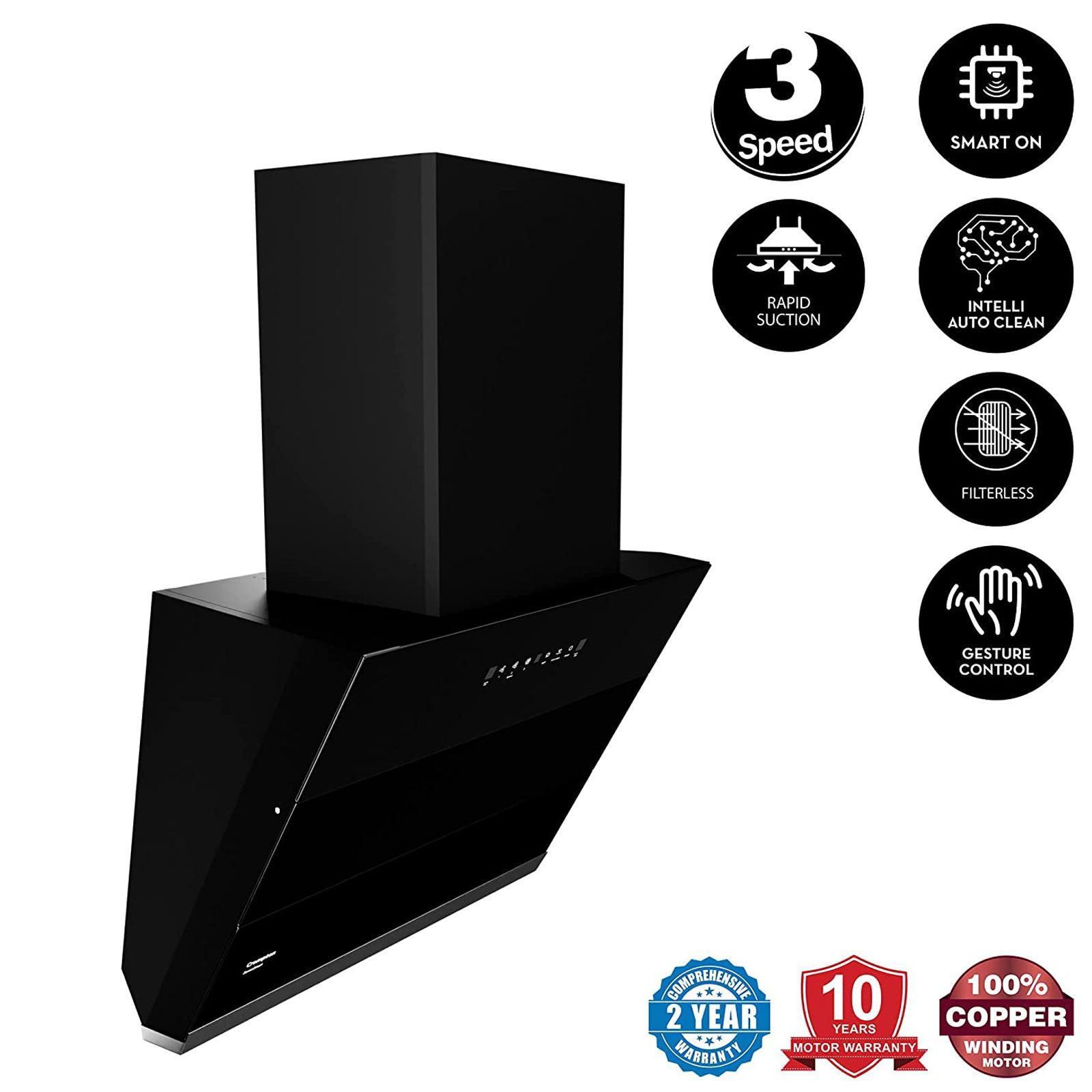 Crompton SensoSmart 60cm 1290m3/hr Ducted Auto Clean Wall Mounted Chimney with Touch Control Panel (Midnight Black)_7