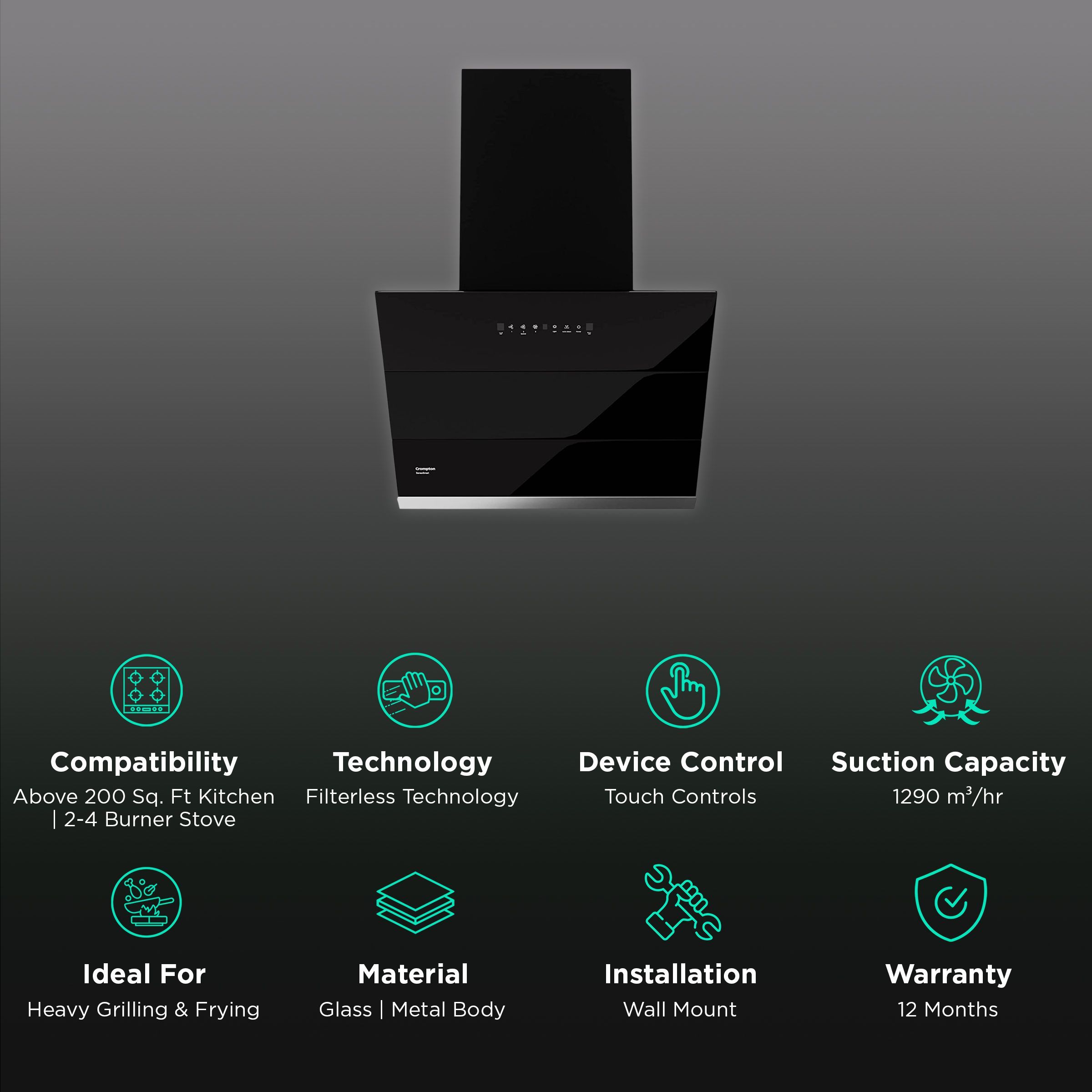 Crompton SensoSmart 60cm 1290m3/hr Ducted Auto Clean Wall Mounted Chimney with Touch Control Panel (Midnight Black)_3