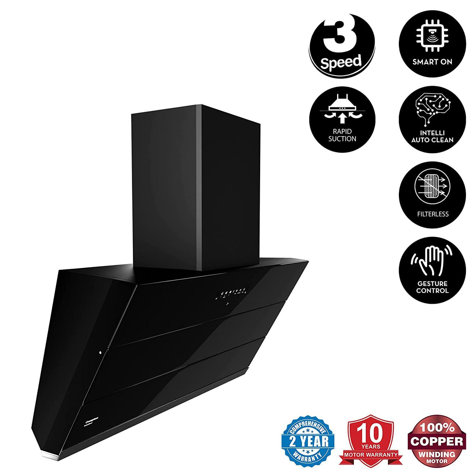 Crompton SensoSmart 90cm 1530m3/hr Ducted Auto Clean Wall Mounted Chimney with Touch Control Panel (Midnight Black)_6