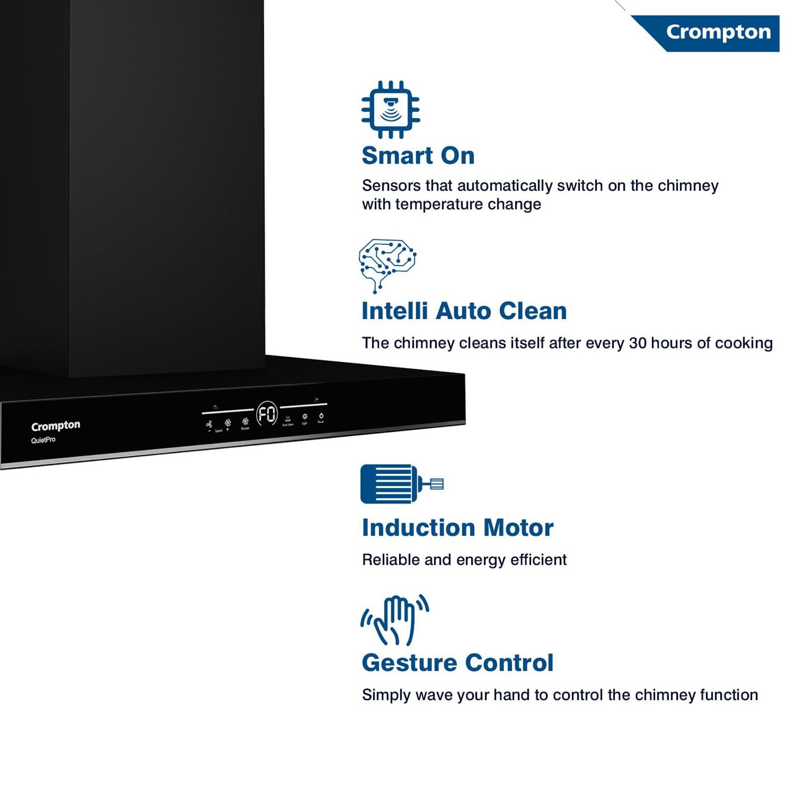 Crompton SensoSmart 60cm 1620m3/hr Ducted Auto Clean Wall Mounted Chimney with Touch Control Panel (Midnight Black) Crompton SensoSmart 60cm 1620m3/hr Ducted Auto Clean Wall Mounted Chimney with Touch Control Panel (Midnight Black)_8