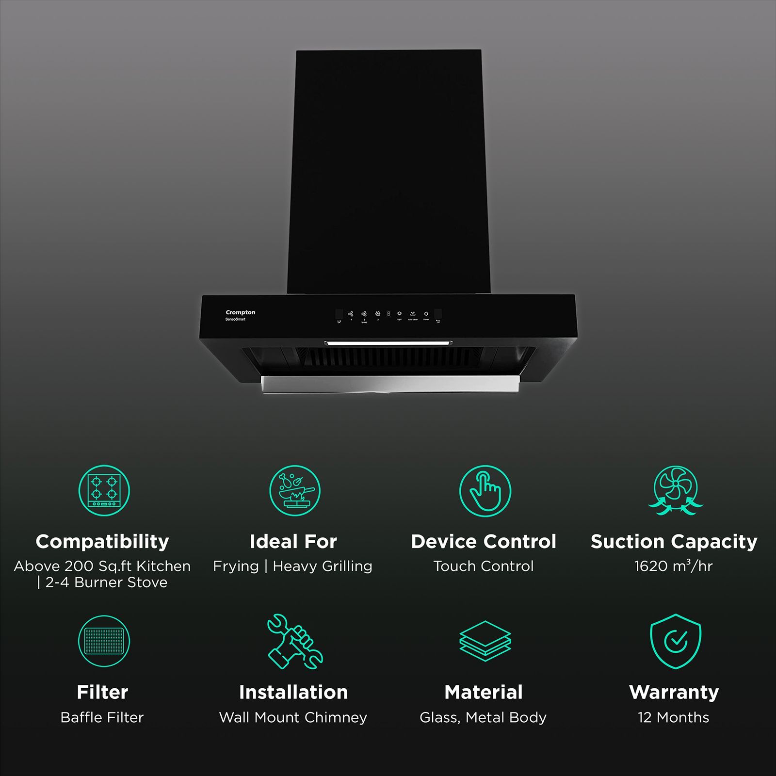 Crompton SensoSmart 60cm 1620m3/hr Ducted Auto Clean Wall Mounted Chimney with Touch Control Panel (Midnight Black) Crompton SensoSmart 60cm 1620m3/hr Ducted Auto Clean Wall Mounted Chimney with Touch Control Panel (Midnight Black)_3