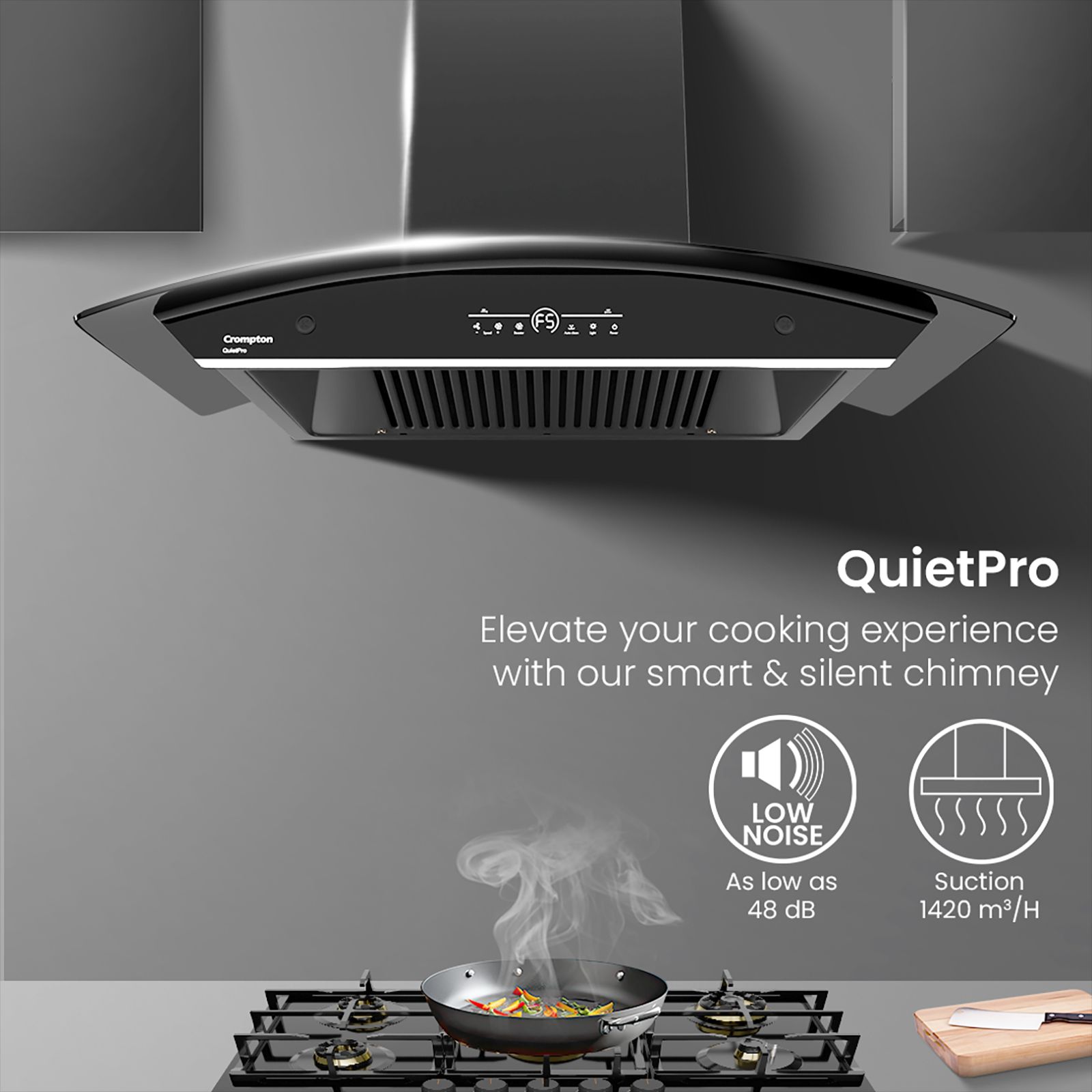 Crompton QuietPro 90cm 1420m3/hr Ductless Auto Clean Wall Mounted Chimney with Touch Control Panel (Midnight Black)_10