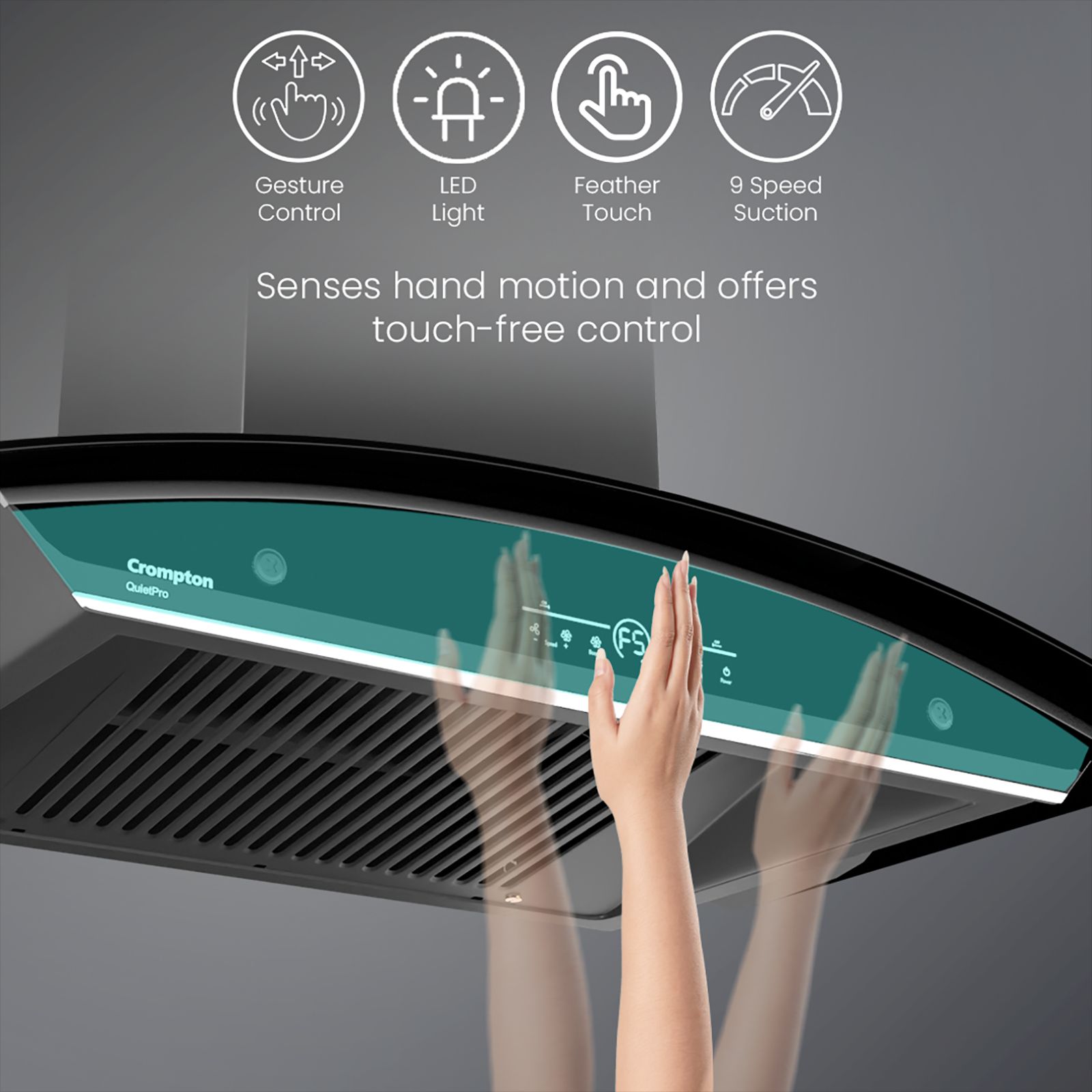 Crompton QuietPro 90cm 1420m3/hr Ductless Auto Clean Wall Mounted Chimney with Touch Control Panel (Midnight Black)_13