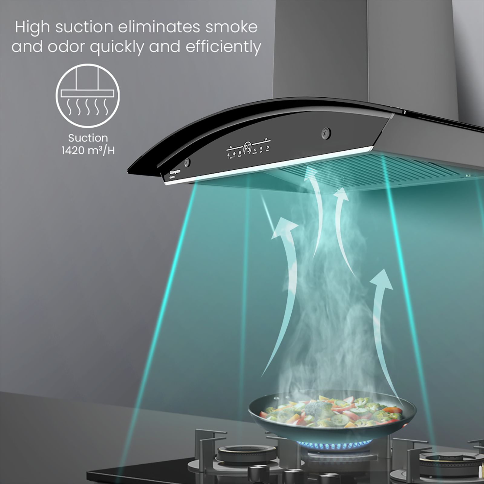 Crompton QuietPro 90cm 1420m3/hr Ductless Auto Clean Wall Mounted Chimney with Touch Control Panel (Midnight Black)_14