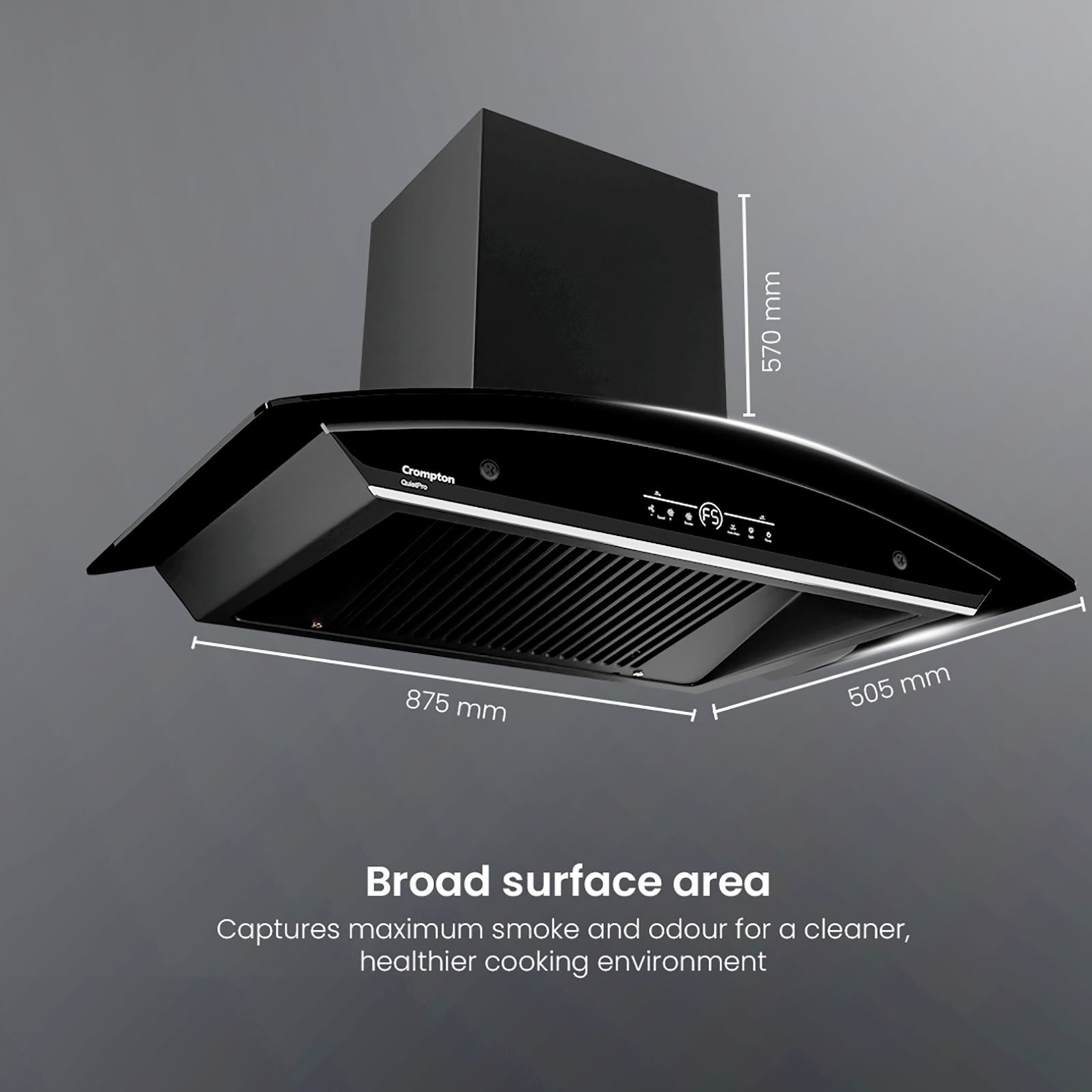 Crompton QuietPro 90cm 1420m3/hr Ductless Auto Clean Wall Mounted Chimney with Touch Control Panel (Midnight Black)_15