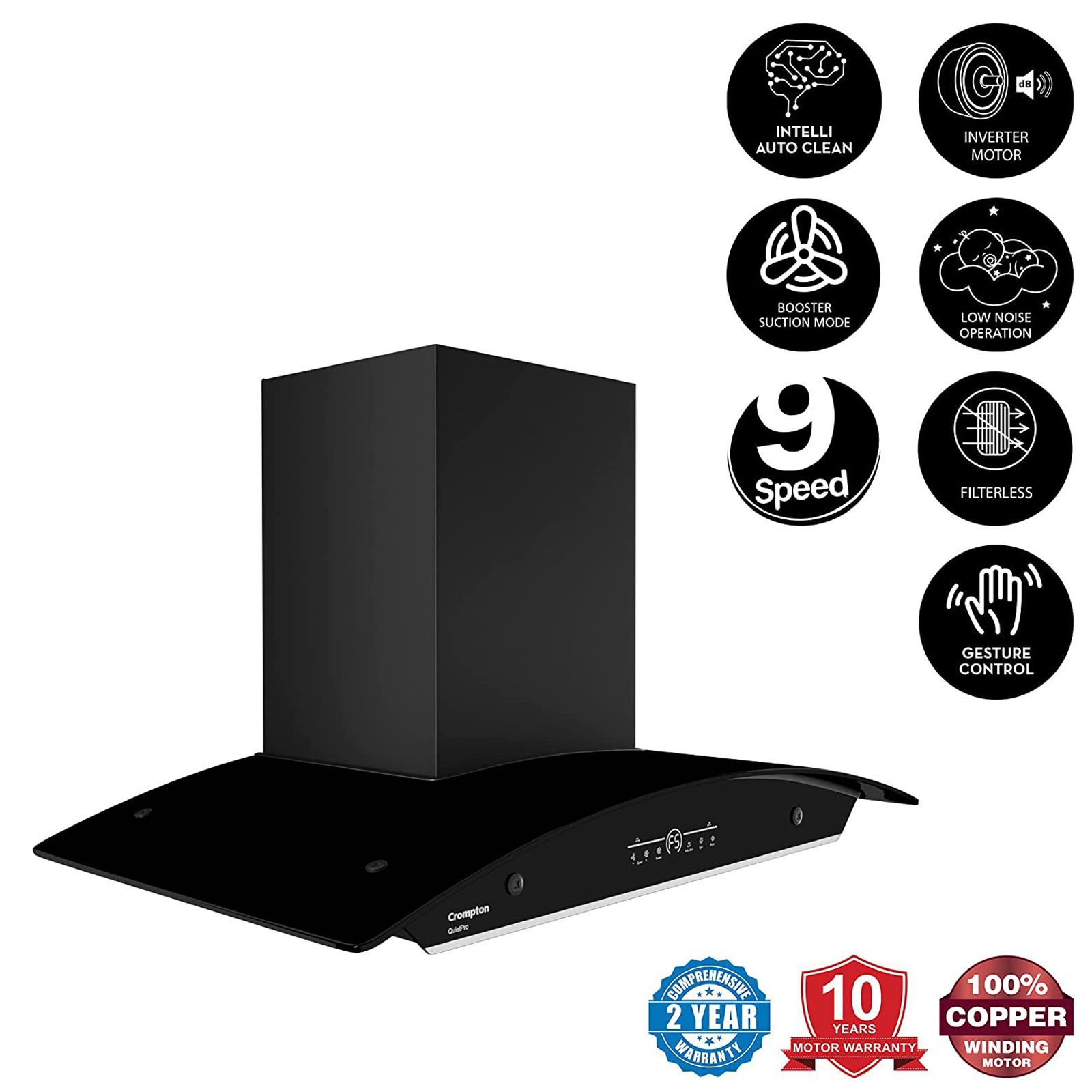 Crompton QuietPro 90cm 1420m3/hr Ductless Auto Clean Wall Mounted Chimney with Touch Control Panel (Midnight Black)_19