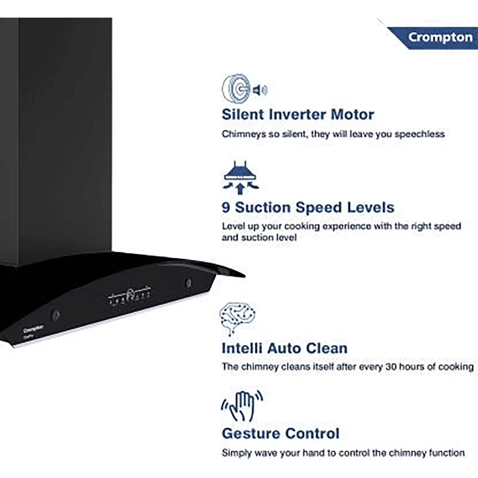 Crompton QuietPro 90cm 1420m3/hr Ductless Auto Clean Wall Mounted Chimney with Touch Control Panel (Midnight Black)_7