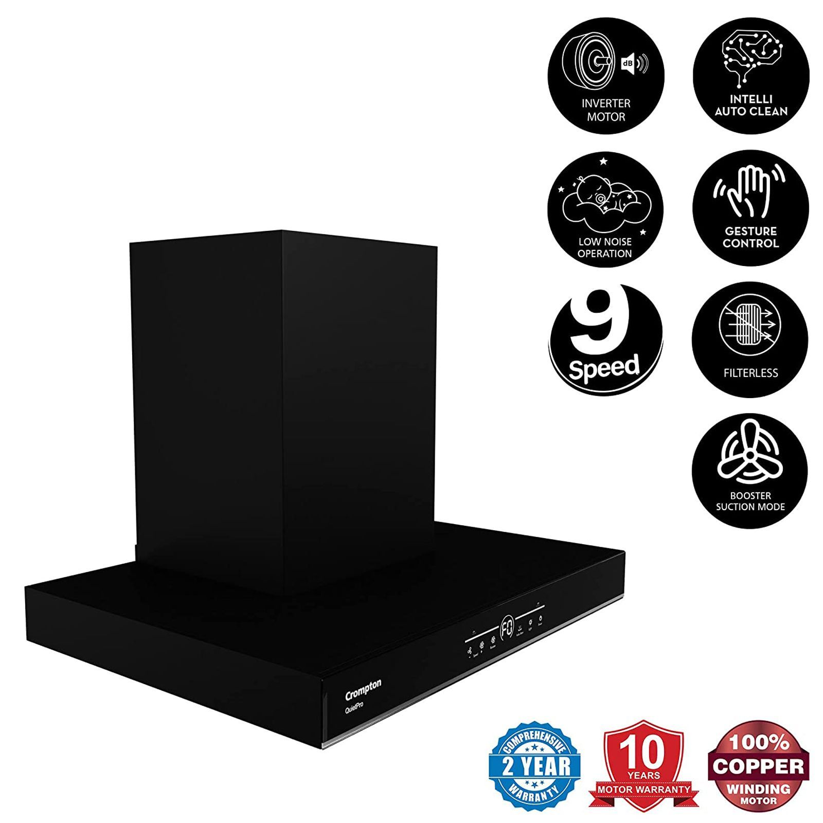 Crompton QuietPro 60cm 1450m3/hr Ducted Auto Clean Wall Mounted Chimney with Touch Control Panel (Midnight Black)_7