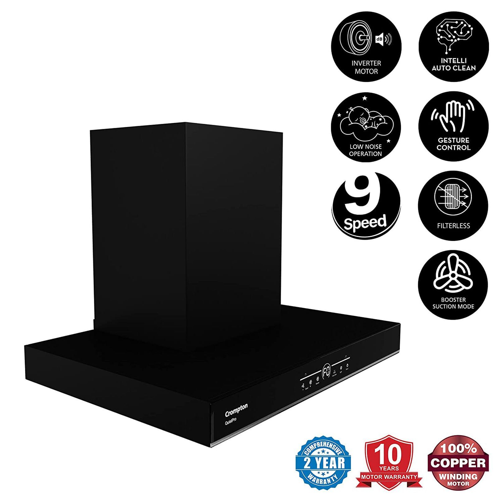 Crompton QuietPro 75cm 1390m3/hr Ducted Auto Clean Wall Mounted Chimney with Touch Control Panel (Midnight Black)_11