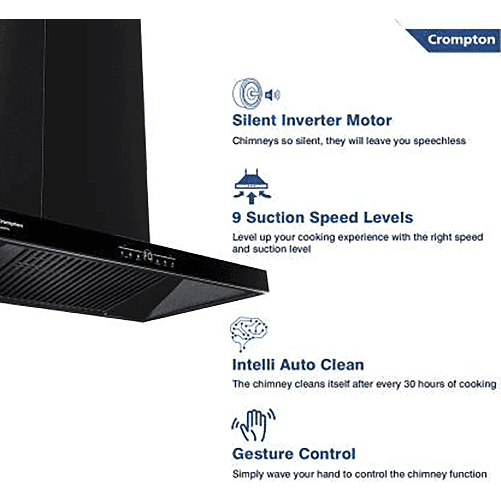 Crompton QuietPro 75cm 1390m3/hr Ducted Auto Clean Wall Mounted Chimney with Touch Control Panel (Midnight Black)_12