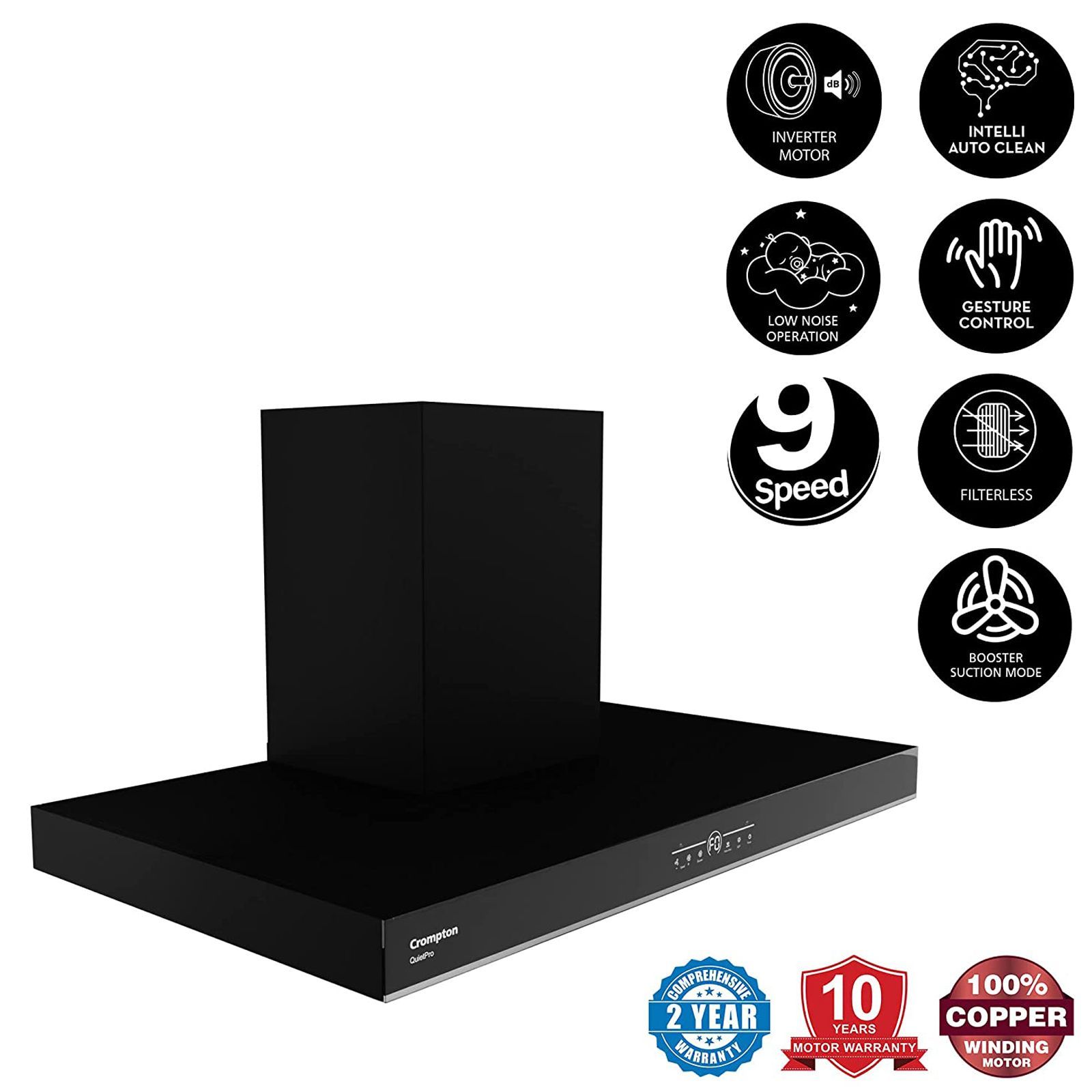 Crompton QuietPro 90cm 1430m3/hr Ducted Auto Clean Wall Mounted Chimney with Touch Control Panel (Midnight Black)_7