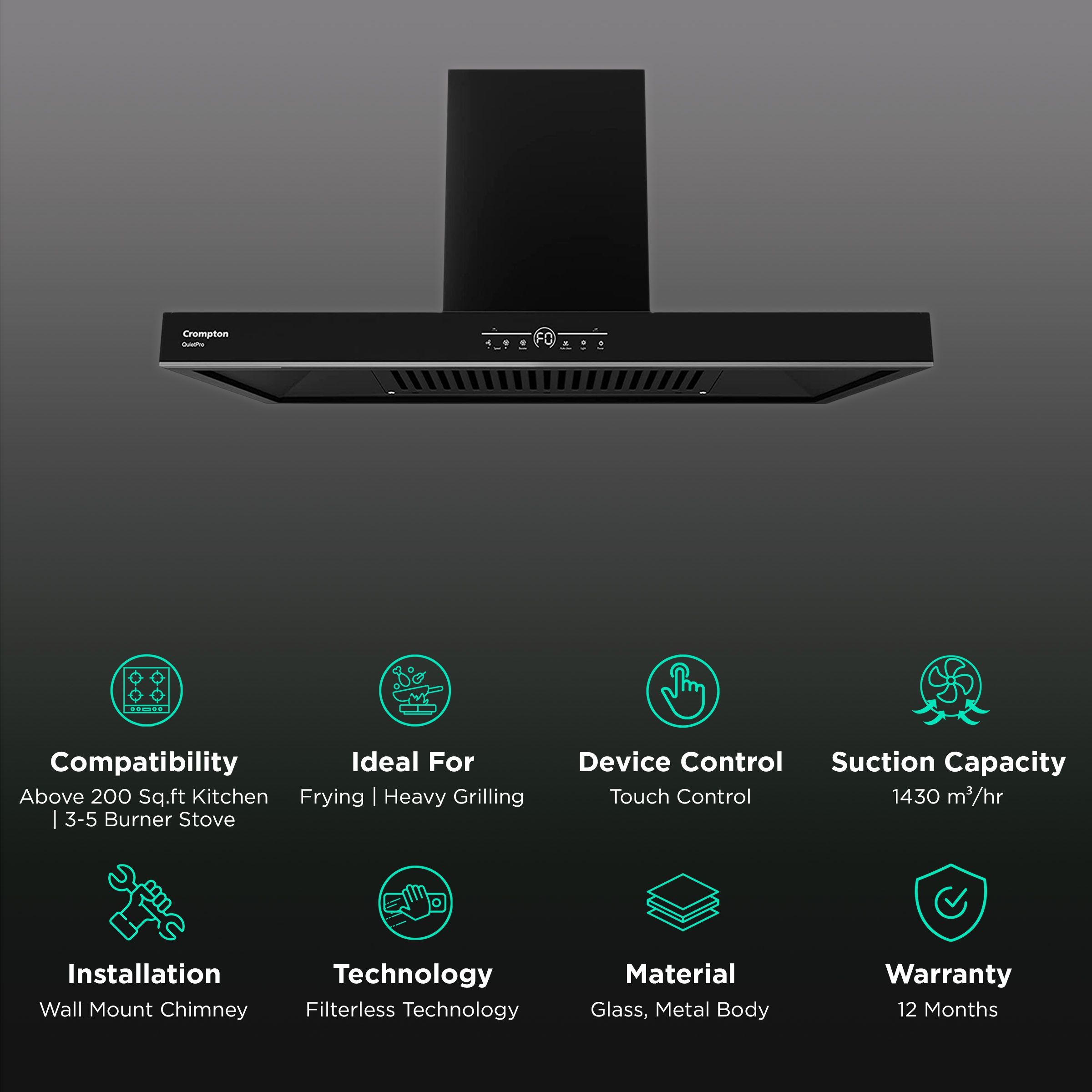 Crompton QuietPro 90cm 1430m3/hr Ducted Auto Clean Wall Mounted Chimney with Touch Control Panel (Midnight Black)_3