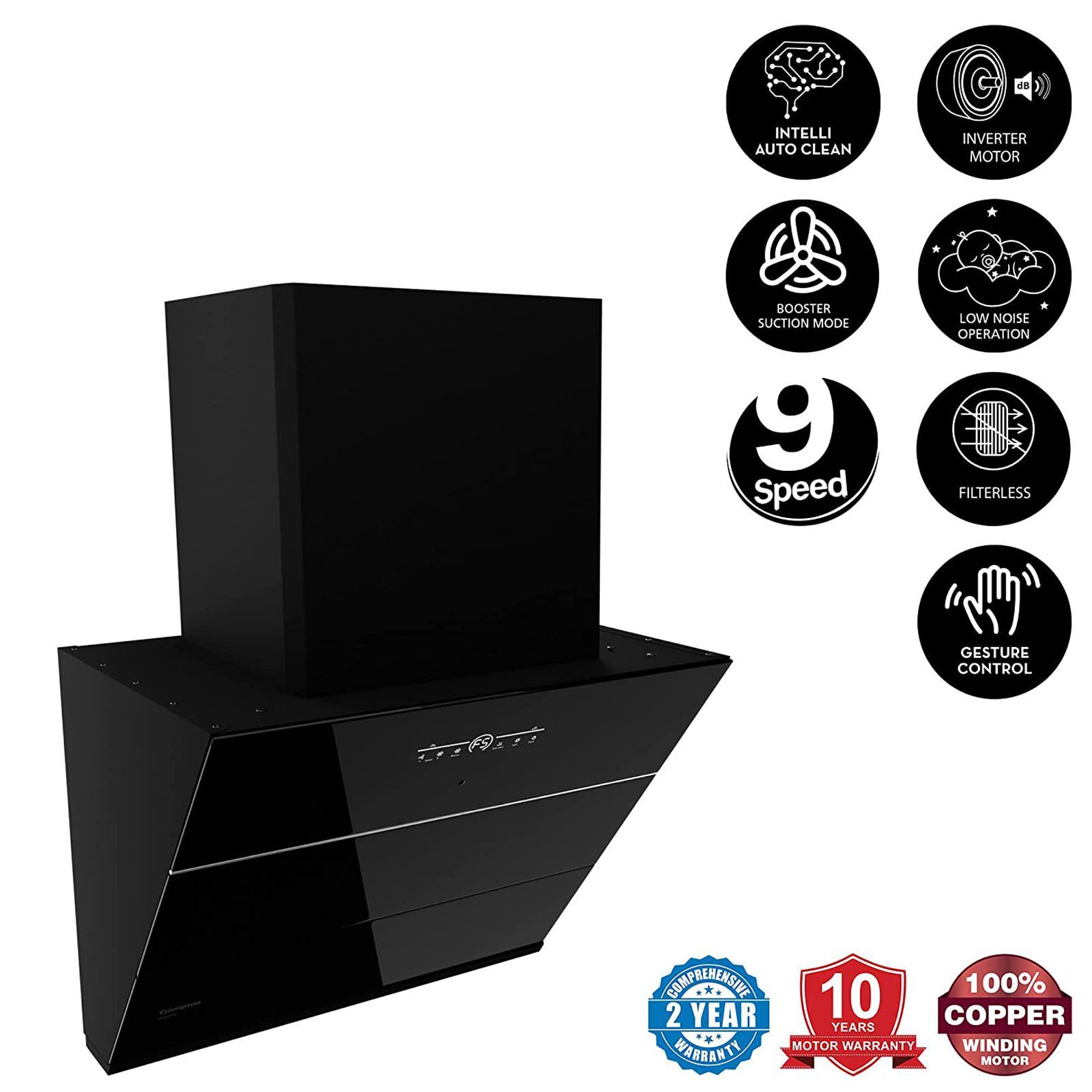 Crompton QuietPro 60cm 1780m3/hr Ductless Auto Clean Wall Mounted Chimney with Touch Control Panel (Midnight Black)_10