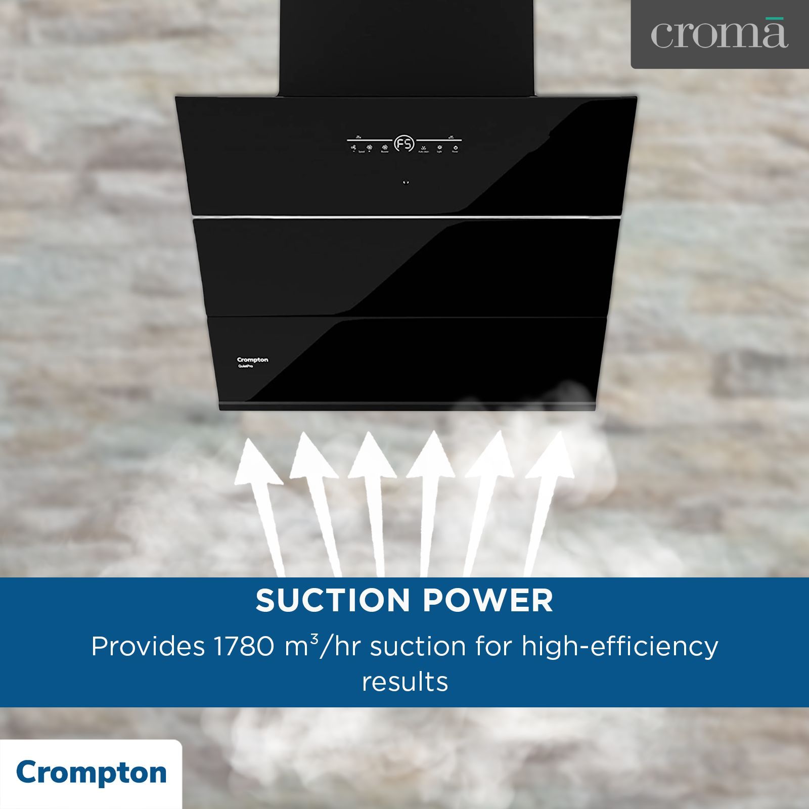 Crompton QuietPro 60cm 1780m3/hr Ductless Auto Clean Wall Mounted Chimney with Touch Control Panel (Midnight Black)_16