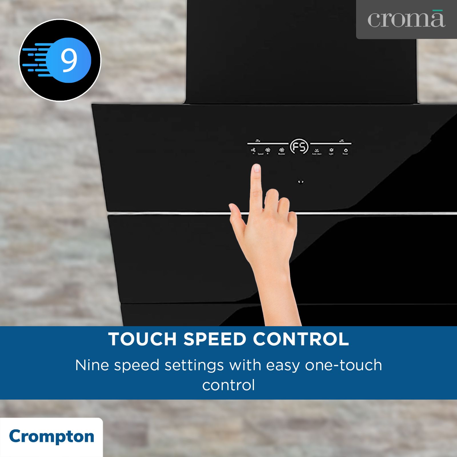 Crompton QuietPro 60cm 1780m3/hr Ductless Auto Clean Wall Mounted Chimney with Touch Control Panel (Midnight Black)_18