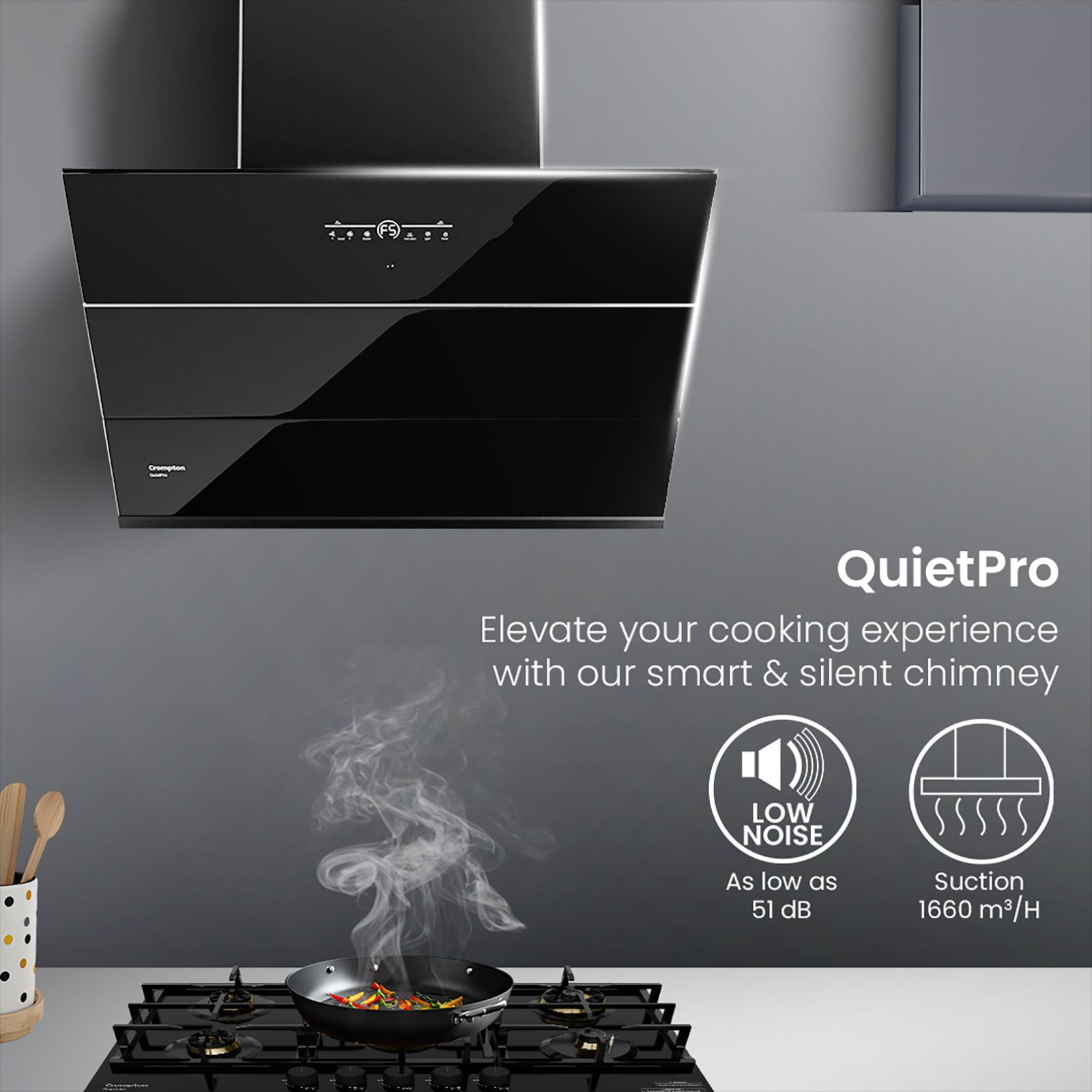 Crompton QuietPro 75cm 1660m3/hr Ductless Auto Clean Wall Mounted Chimney with Touch Control Panel (Midnight Black)_8