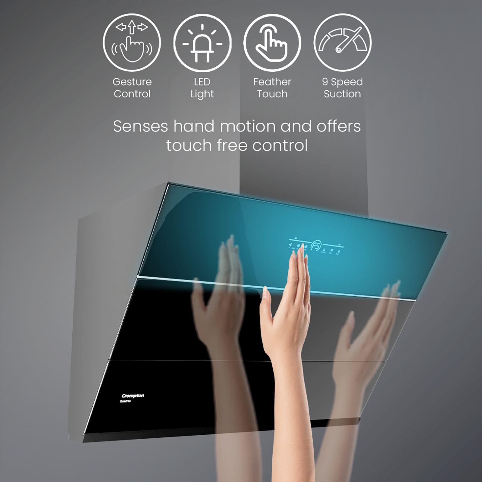 Crompton QuietPro 75cm 1660m3/hr Ductless Auto Clean Wall Mounted Chimney with Touch Control Panel (Midnight Black)_11