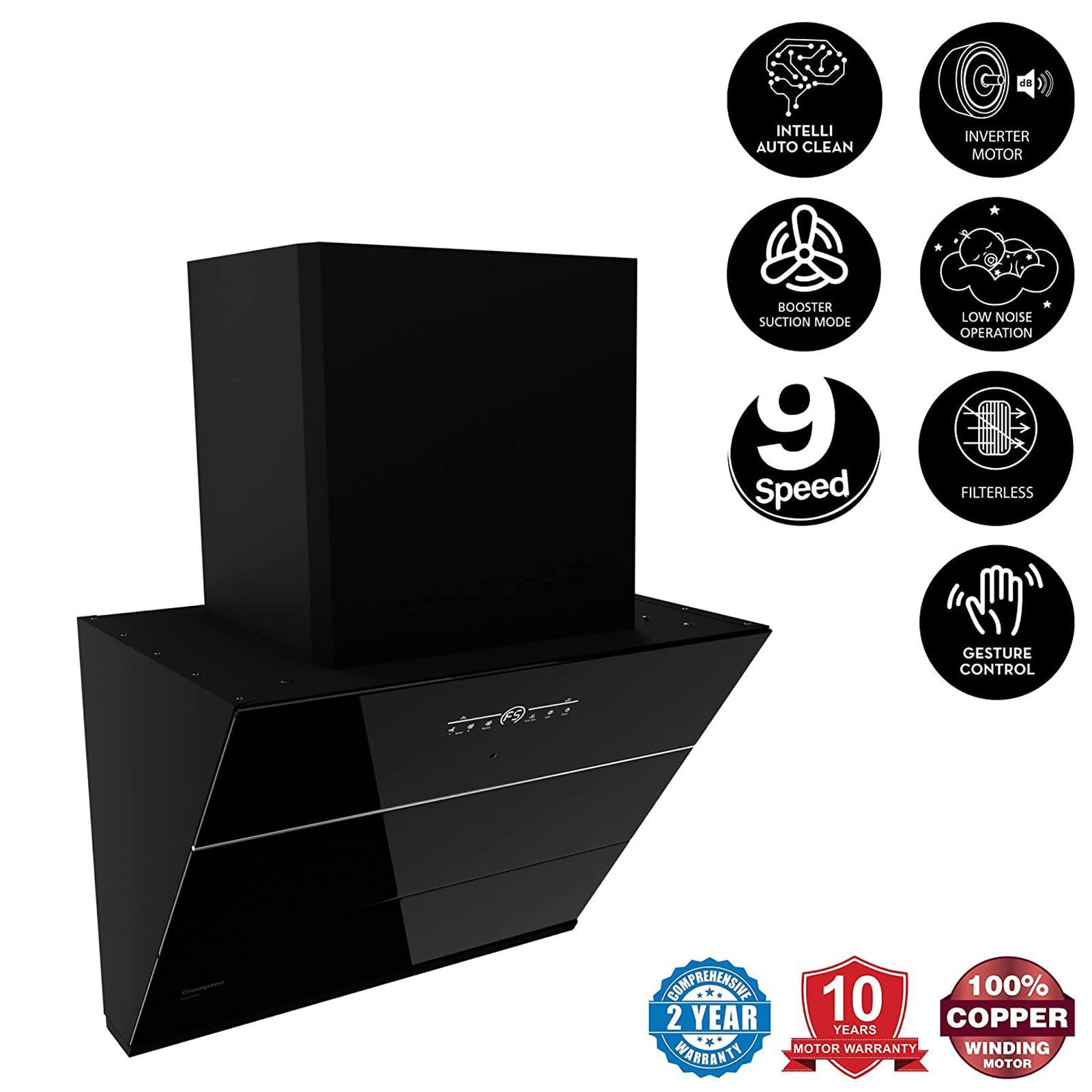 Crompton QuietPro 75cm 1660m3/hr Ductless Auto Clean Wall Mounted Chimney with Touch Control Panel (Midnight Black)_16