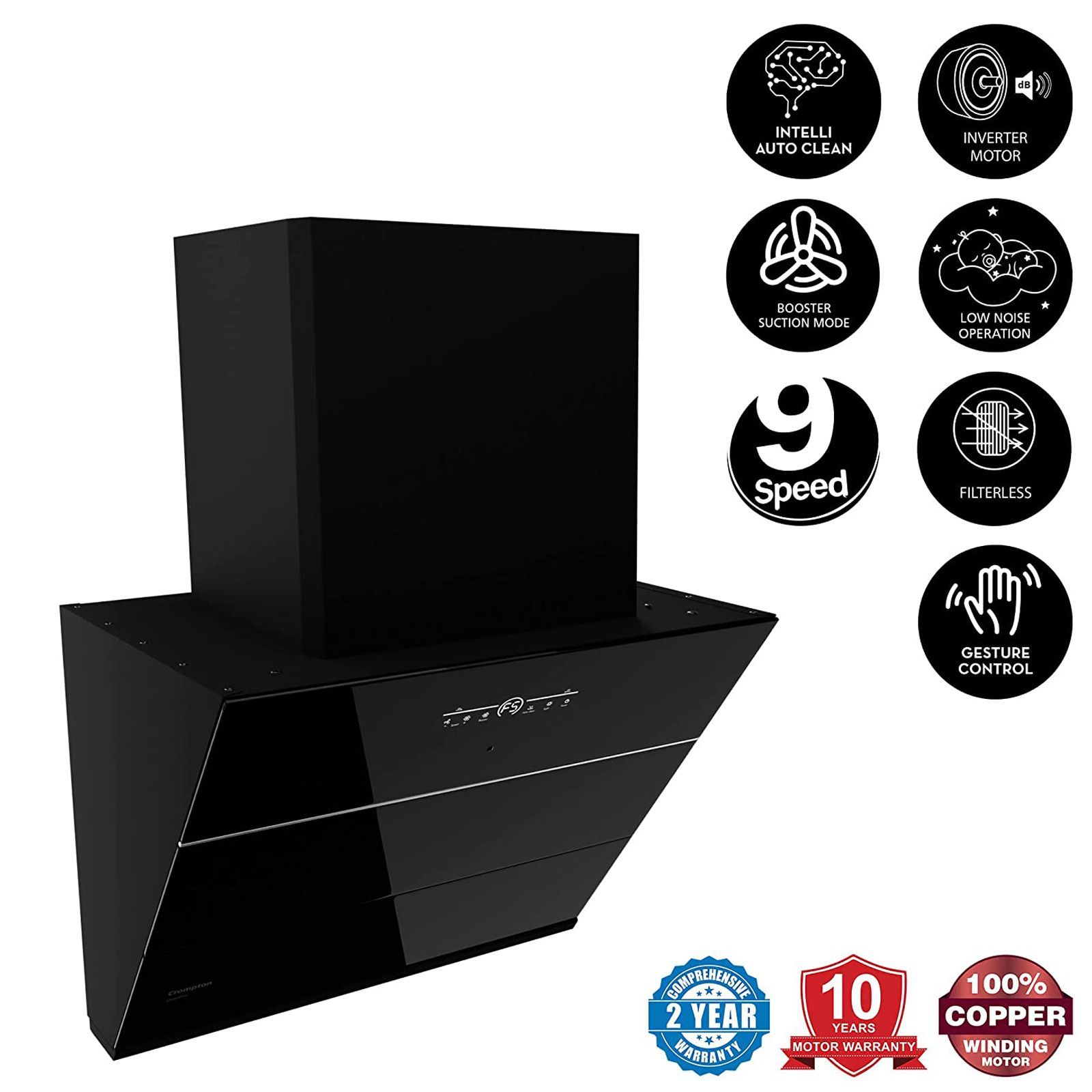 Crompton QuietPro 90cm 1420m3/hr Ductless Auto Clean Wall Mounted Chimney with Touch Control Panel (Midnight Black) Crompton QuietPro 90cm 1420m3/hr Ductless Auto Clean Wall Mounted Chimney with Touch Control Panel (Midnight Black)_7